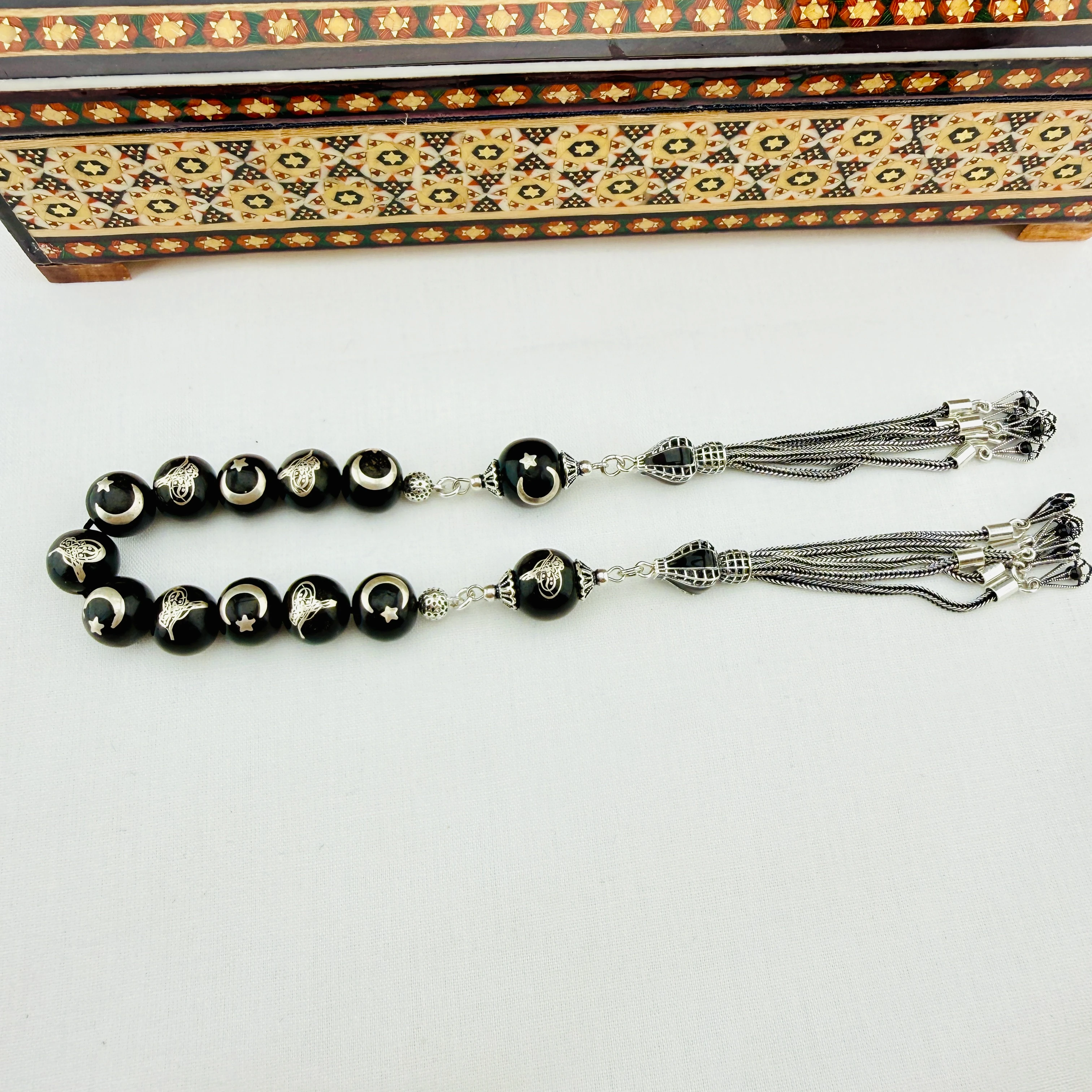 Has Erzurum Oltu Taşı Zaza Tespih | Gümüş Telkâri İşlemeli Ay Yıldız ve Osmanlı Tuğralı Özel