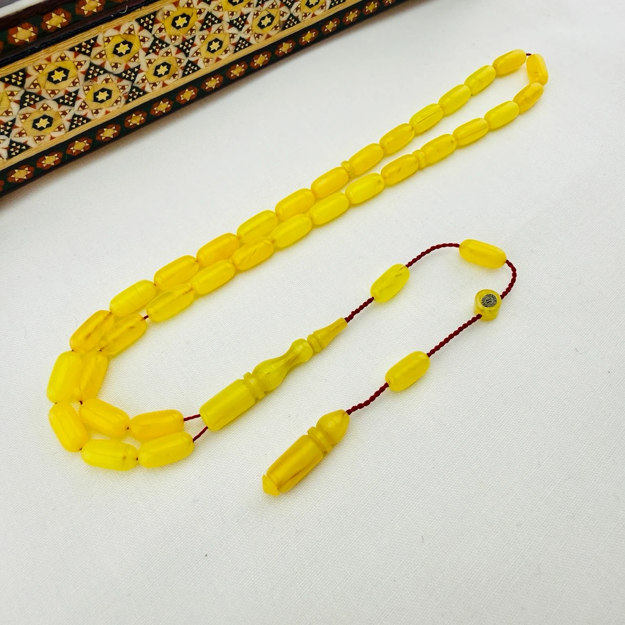 Halil Demirkol Usta İmzalı Sarı Hareli Alman Blok Kehribar Tespih | Renk Değiştirme Garantili