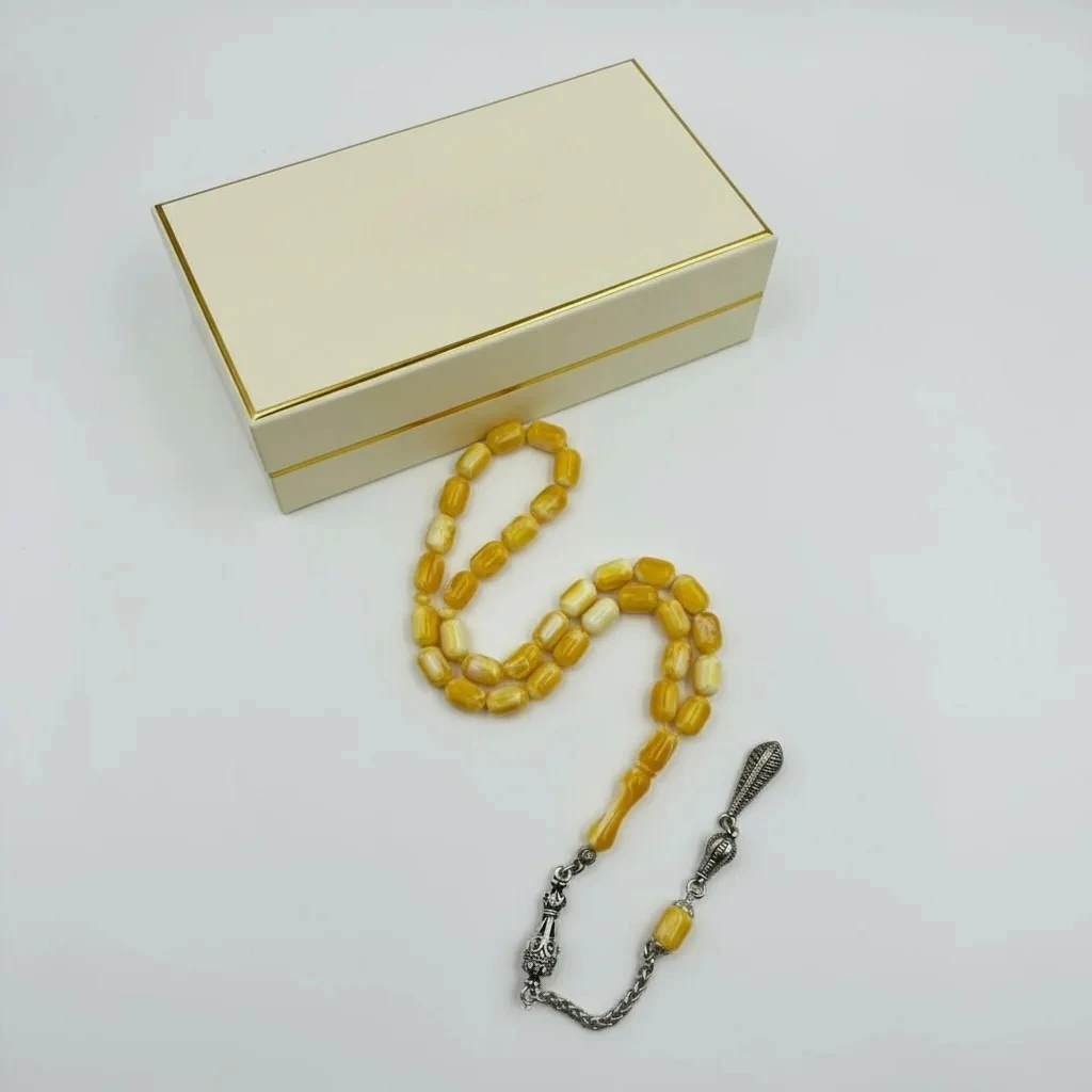 Beyrut Damla Sarı ve Beyaz Hareli Kehribar Usta Yapımı Tespih