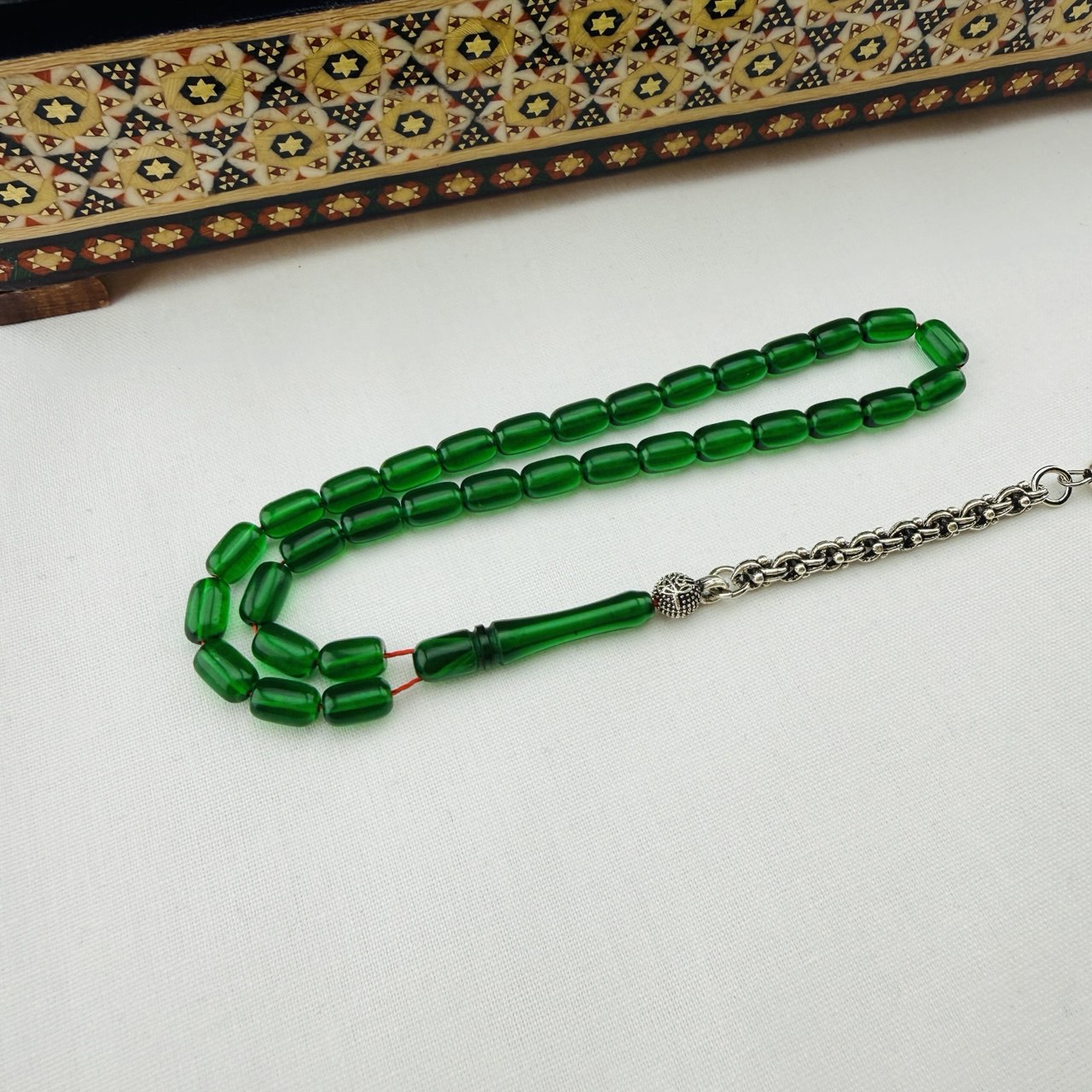 Usta İşi Bilek Boy Yeşil Ateş Kehribar Tespih | Özel Gümüş Kaplama Püsküllü