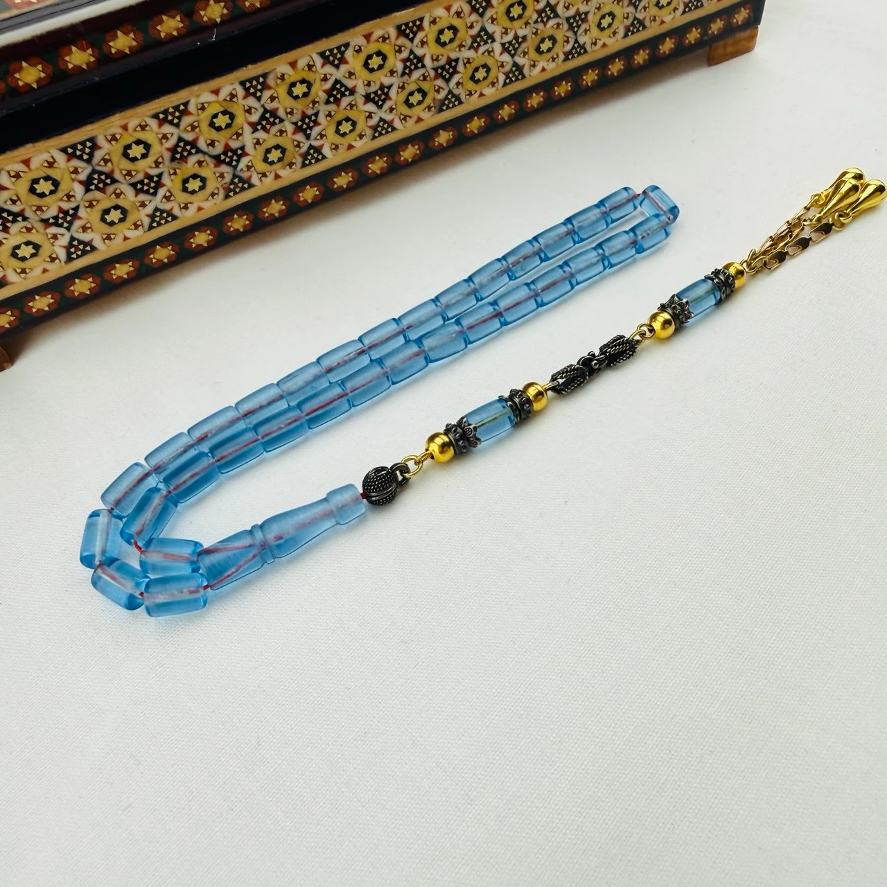 Usta İşi Gök Mavi Ateş Kehribar Tespih | El Boyu Kesme Model, Özel Gümüş Kaplama