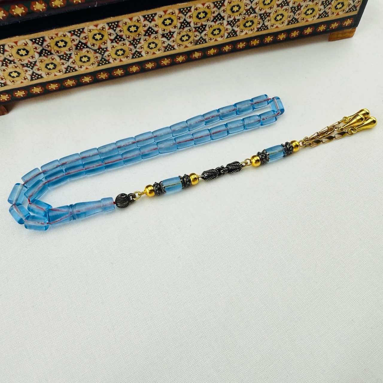 Usta İşi Gök Mavi Ateş Kehribar Tespih | El Boyu Kesme Model, Özel Gümüş Kaplama