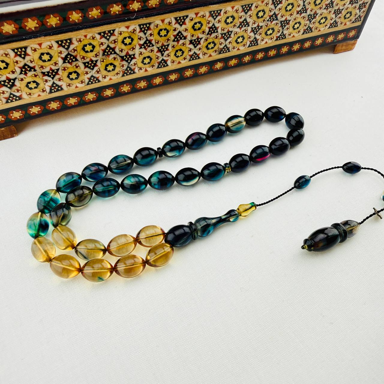 Serkan Başkan Usta İmzalı Sarı Lacivert Hareli Sıkma Kehribar Tespih