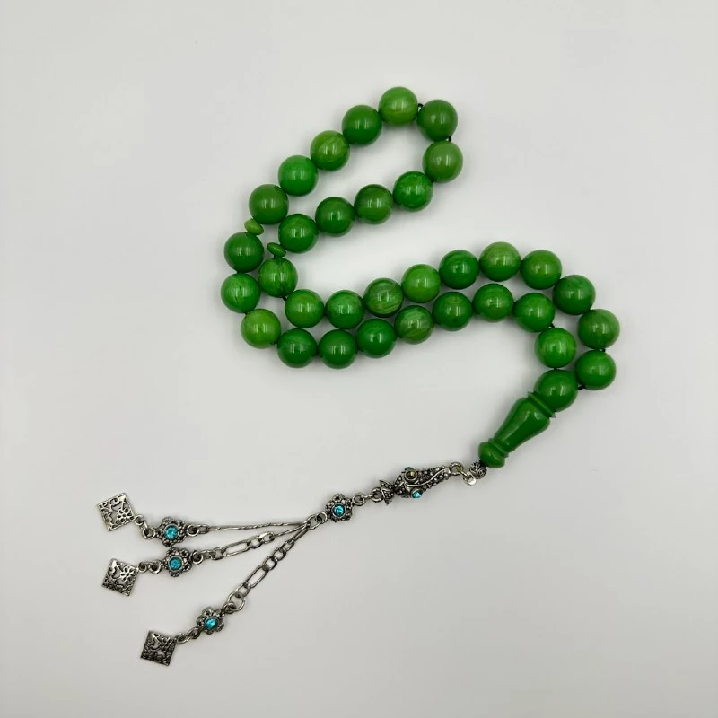 1945 Dönemi Yeşil Hareli Katalin Özel Gümüş Püsküllü Koleksiyonluk Tespih