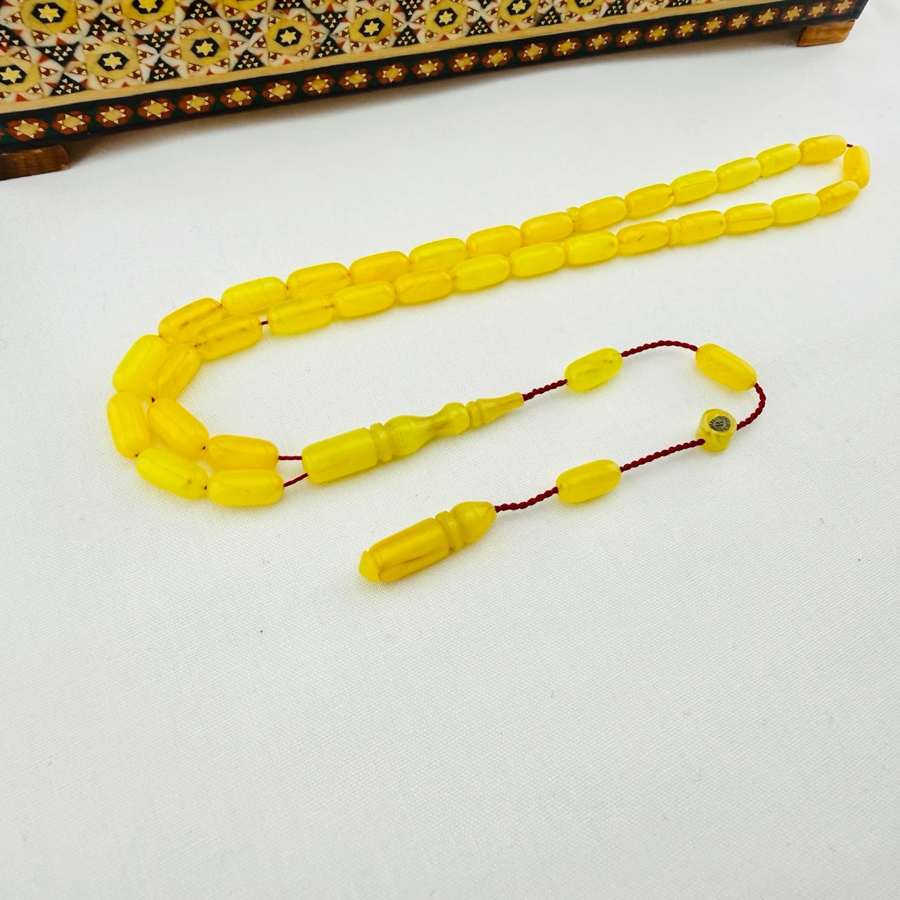 Halil Demirkol Usta İmzalı Sarı Hareli Alman Blok Kehribar Tespih | Renk Değiştirme Garantili