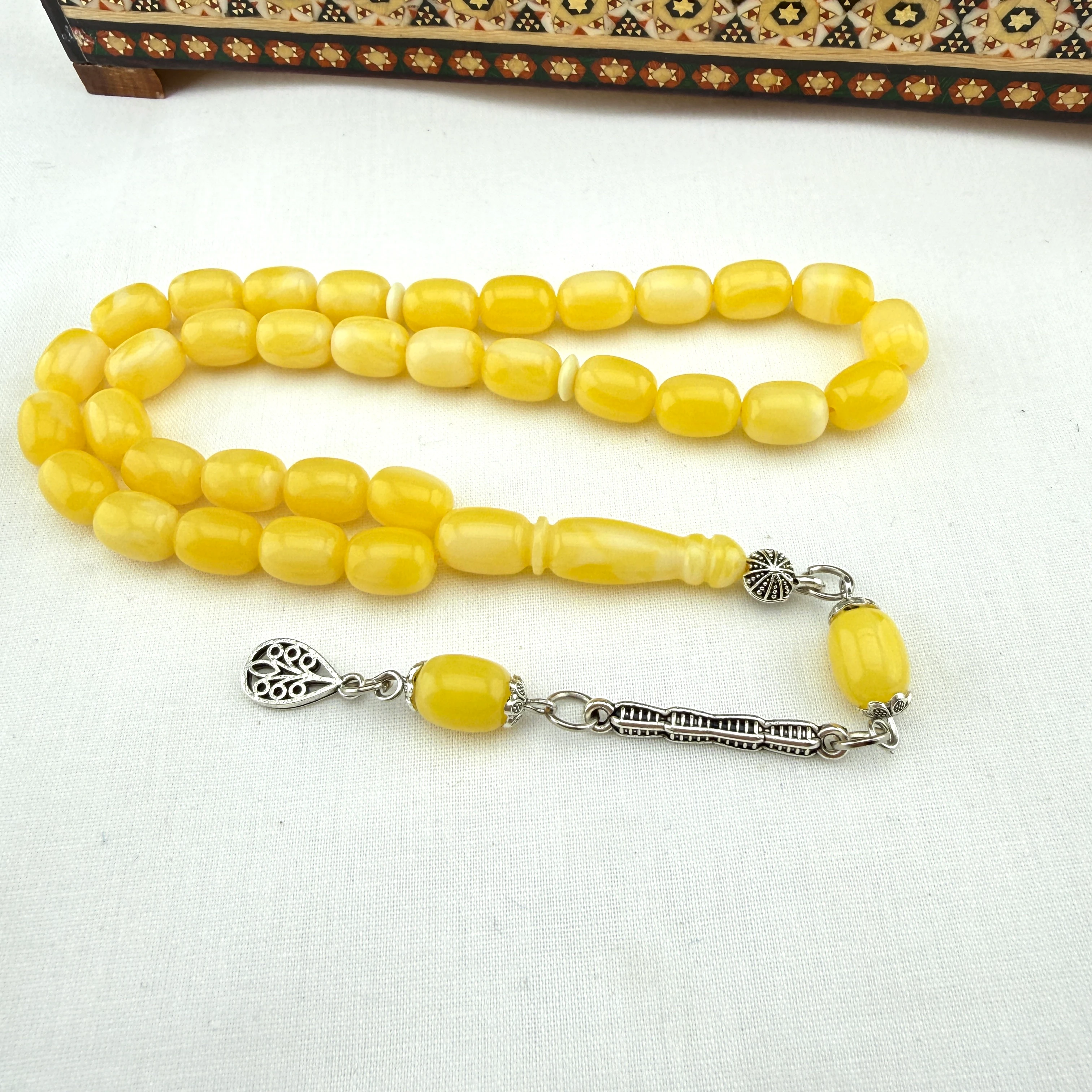 Beyrut Kehribarı | Sarının En Güzel Tonu, Gümüş Dizayn Püsküllü El İşçiliği Tespih