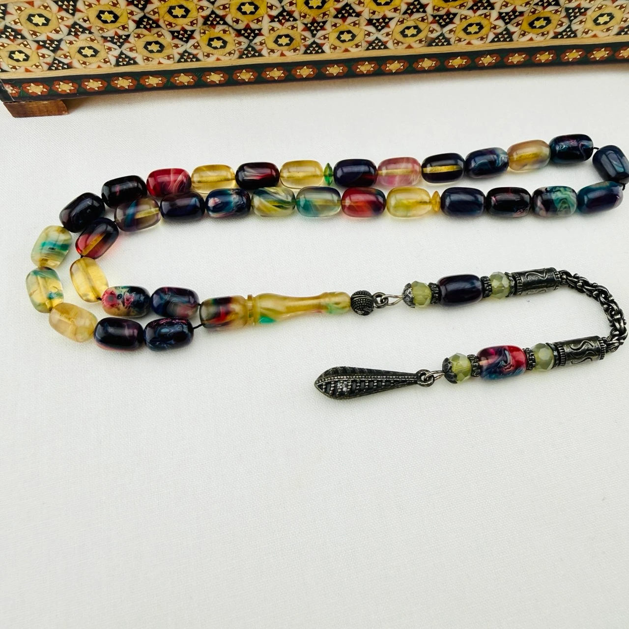 Usta İşi Multicolor Hareli Süzme Ateş Kehribar Tespih  Özel Püsküllü