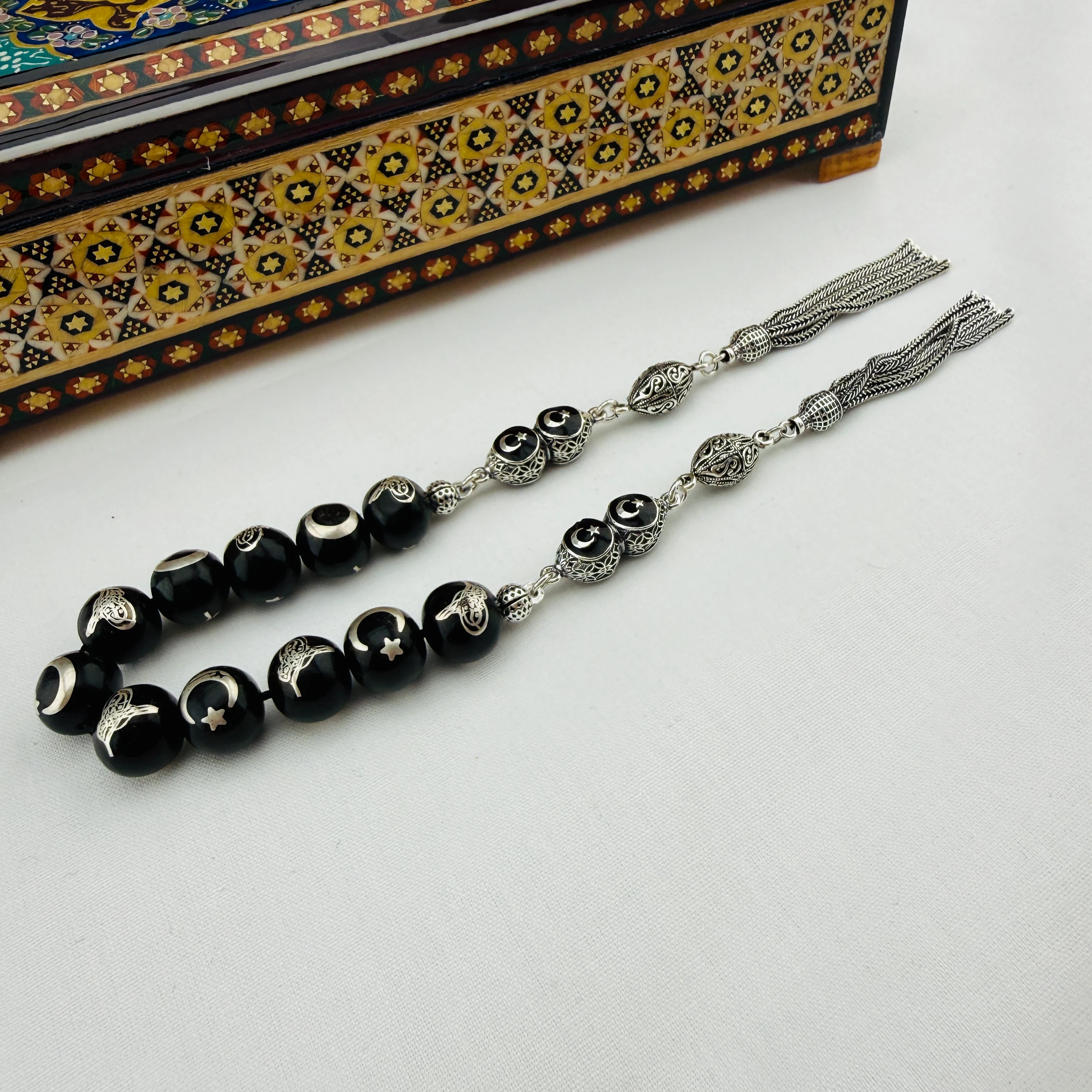 Has Erzurum Oltu Taşı Zaza Tespih | Gümüş Telkâri İşlemeli Ay Yıldız ve Osmanlı Tuğralı