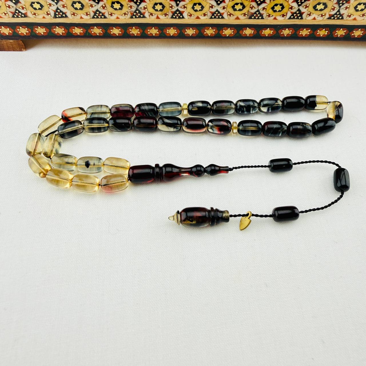 Serkan Başkan Usta İmzalı Çift Renkli Hareli Sıkma Kehribar Tespih