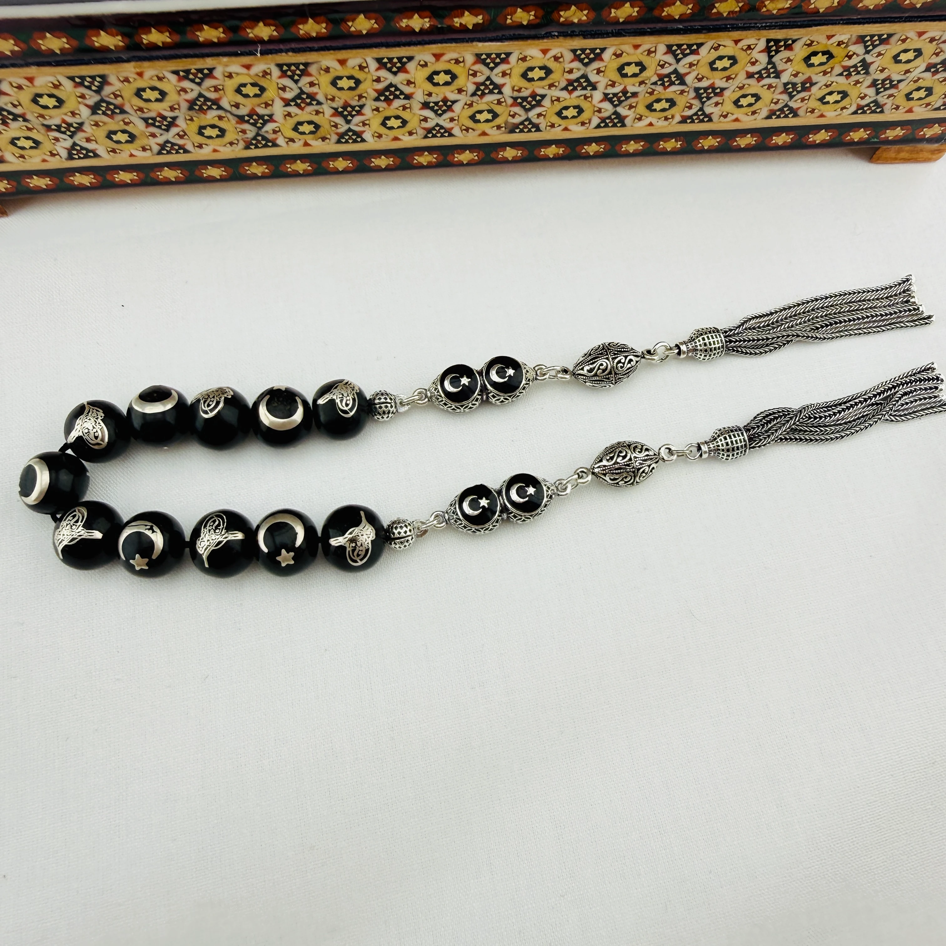 Has Erzurum Oltu Taşı Zaza Tespih | Gümüş Telkâri İşlemeli Ay Yıldız ve Osmanlı Tuğralı