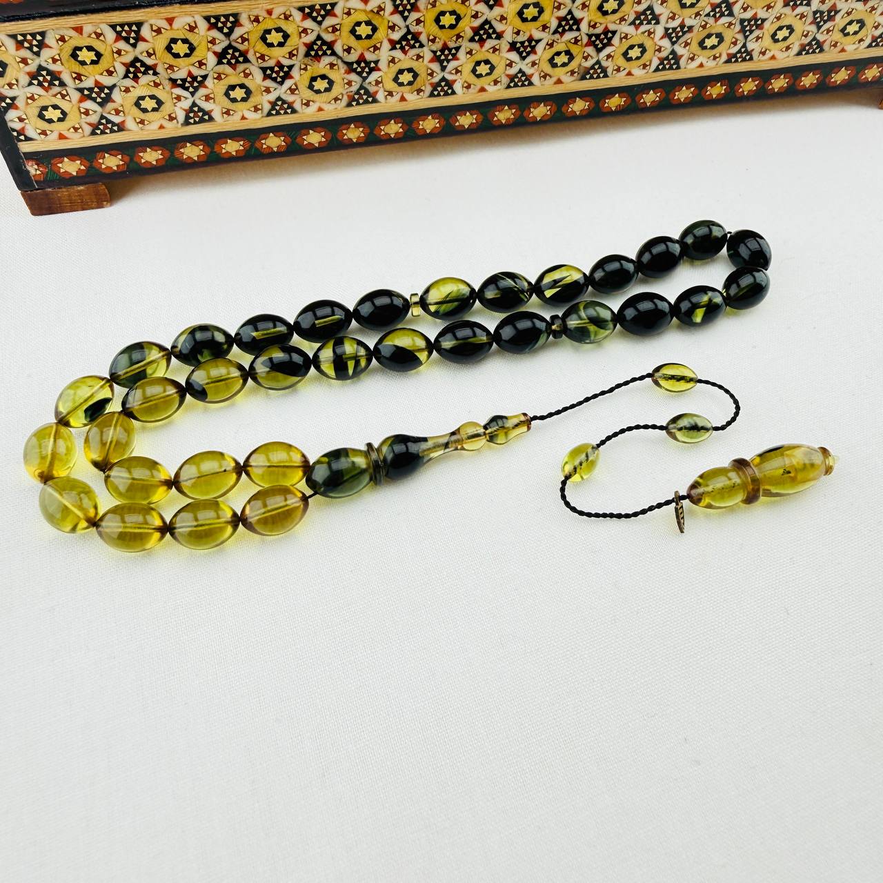 Serkan Başkan Usta İmzalı Sarı Yeşil Hareli Sıkma Kehribar Tespih