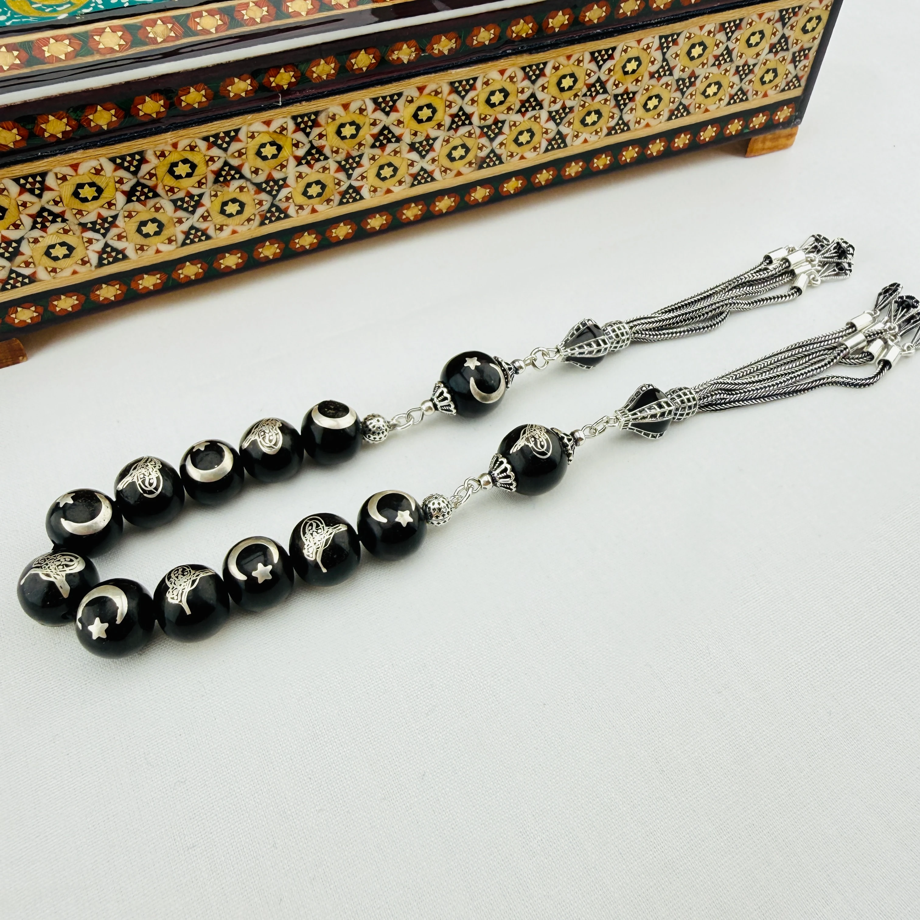 Has Erzurum Oltu Taşı Zaza Tespih | Gümüş Telkâri İşlemeli Ay Yıldız ve Osmanlı Tuğralı Özel