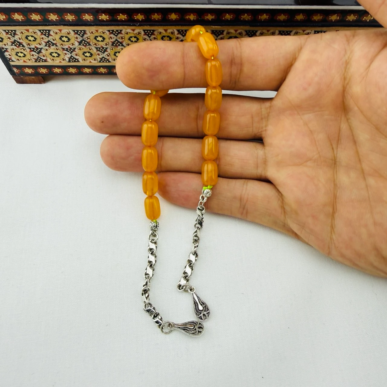 Hareli Sıkma Kehribar Zaza Tespihi | Gümüş Püskül Dizaynlı