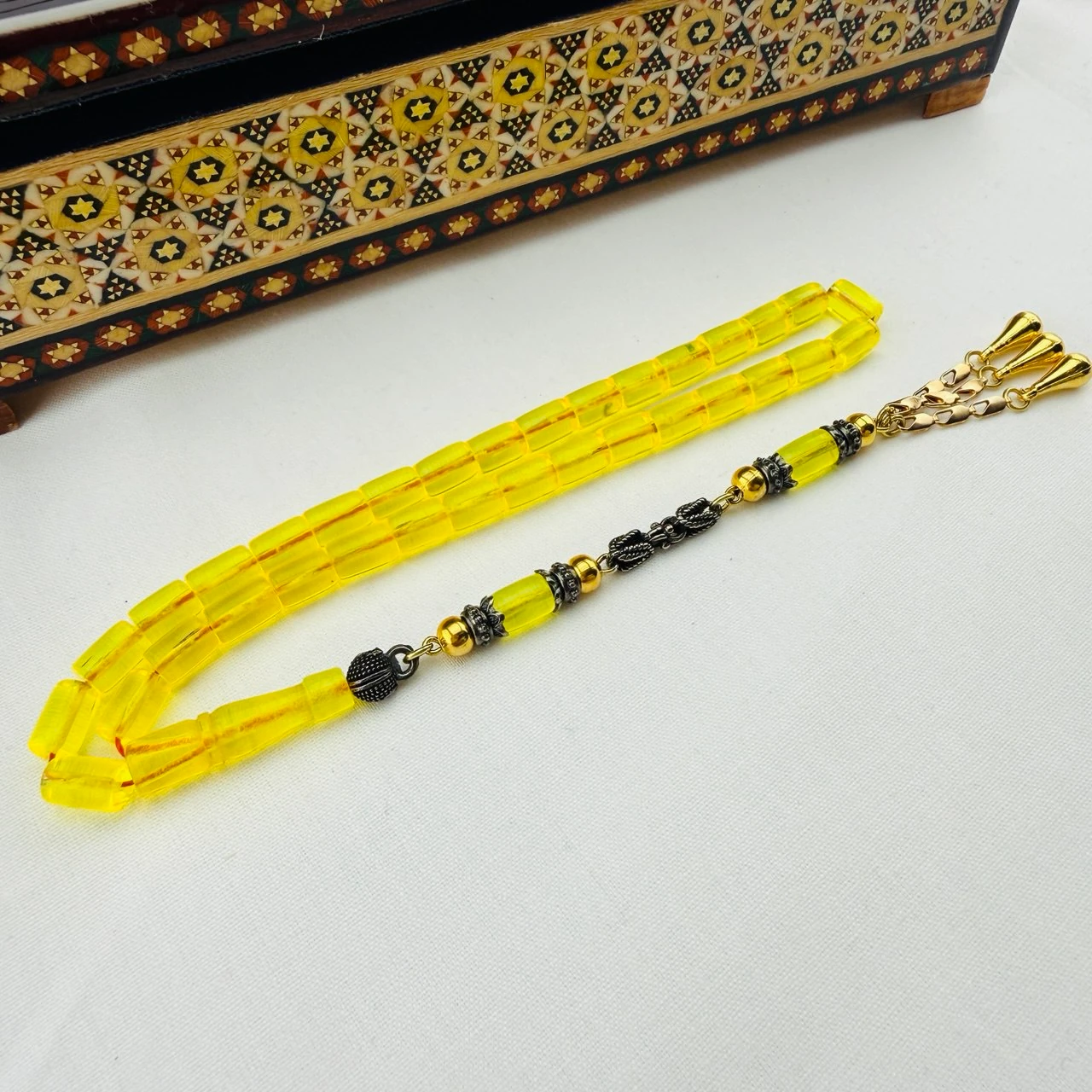 Usta İşi Sarı Ateş Kehribar Tespih | El Boyu Kesme Model, Özel Gümüş Kaplama