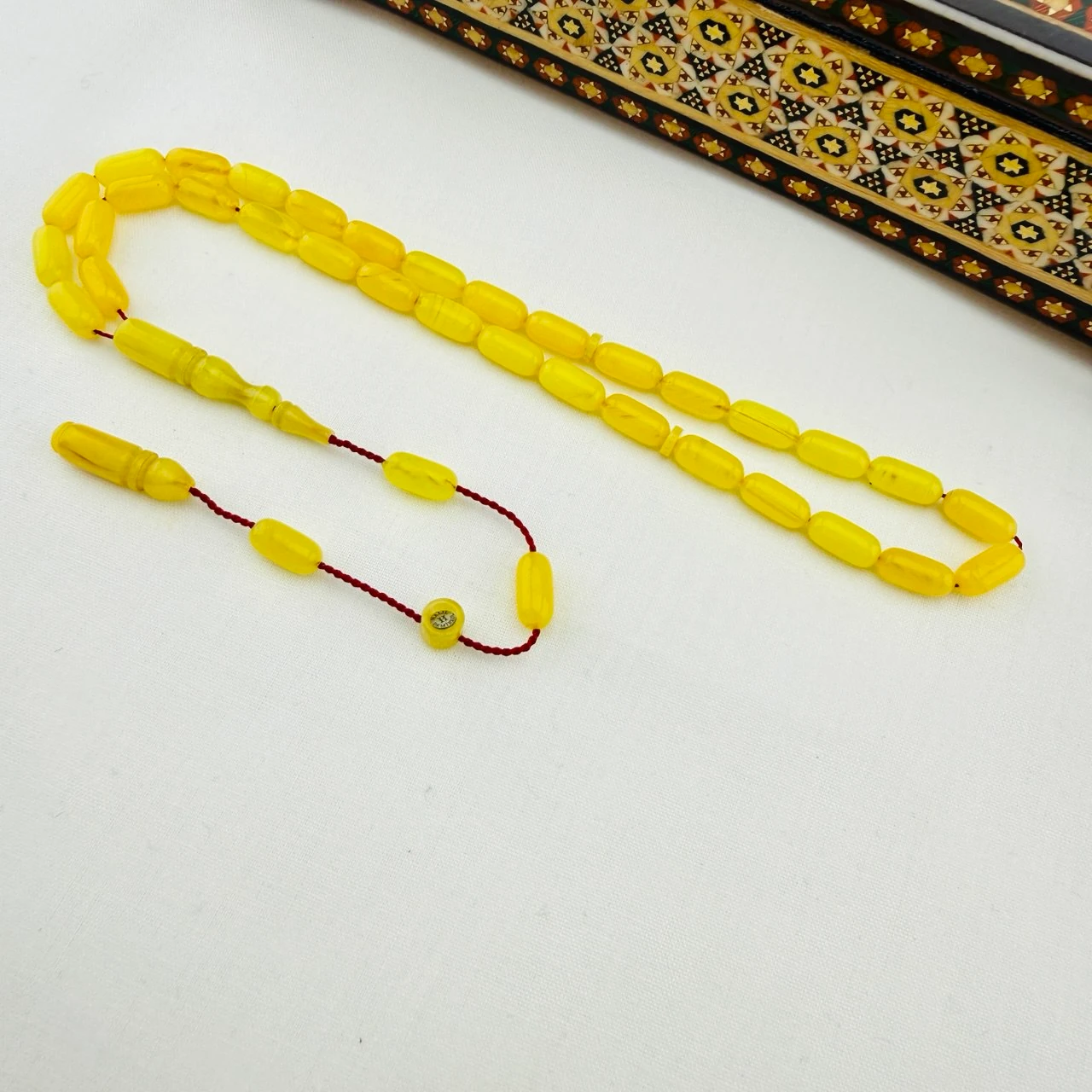 Halil Demirkol Usta İmzalı Sarı Hareli Alman Blok Kehribar Tespih | Renk Değiştirme Garantili