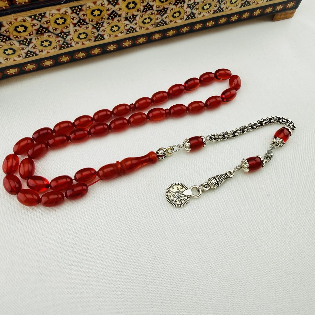 Usta İşi Hareli Sıkma Kehribar Tespih  El Boyu ve Gümüş Püsküllü Koleksiyon