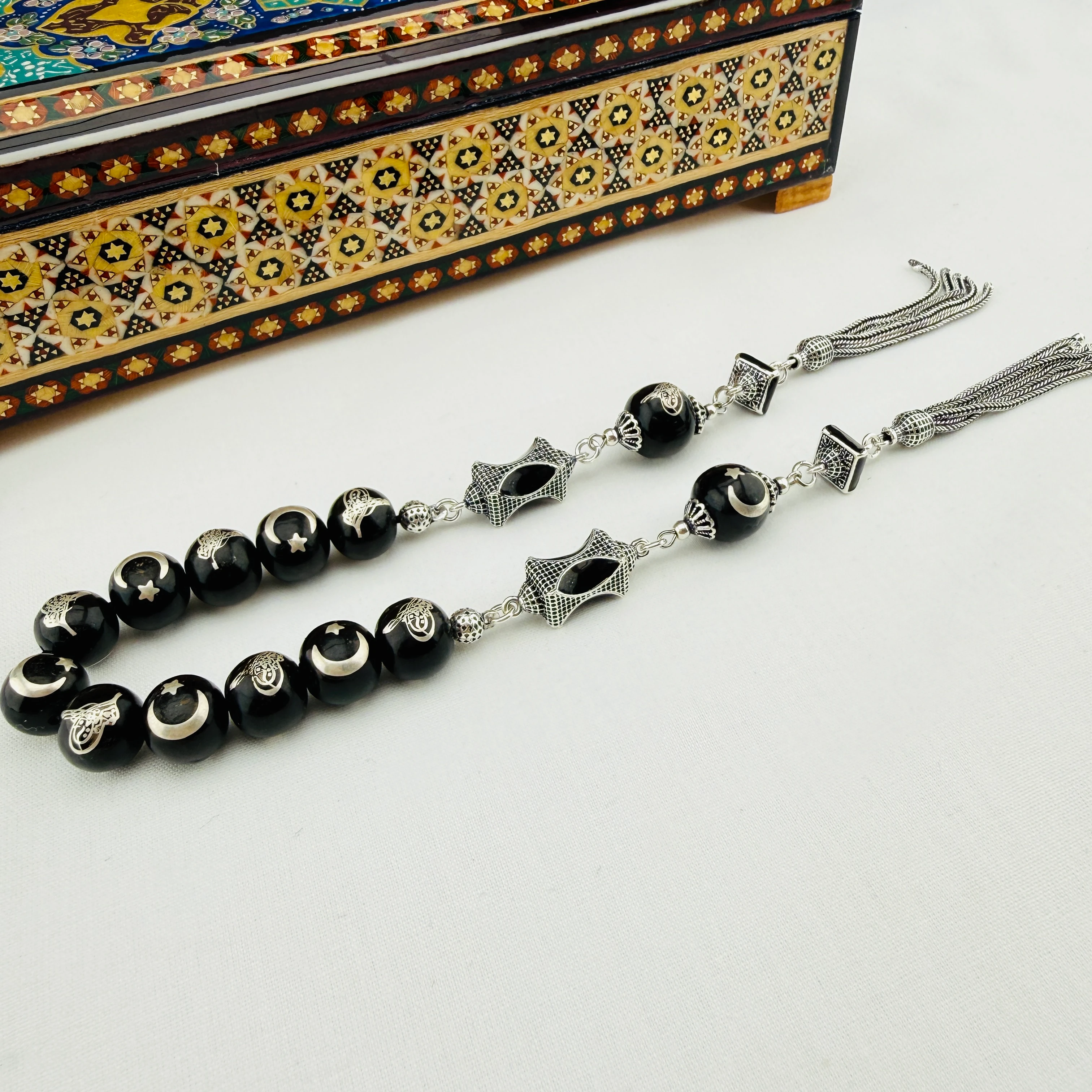 Has Erzurum Oltu Taşı Zaza Tespih | Gümüş Telkâri İşlemeli Ay Yıldız ve Osmanlı Tuğralı Özel Tasarım