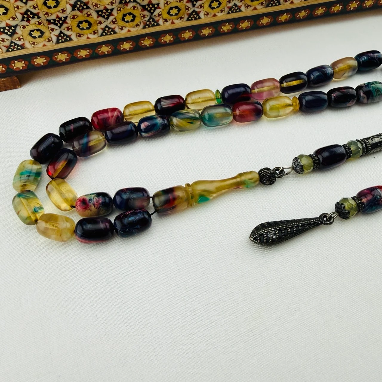 Usta İşi Multicolor Hareli Süzme Ateş Kehribar Tespih  Özel Püsküllü