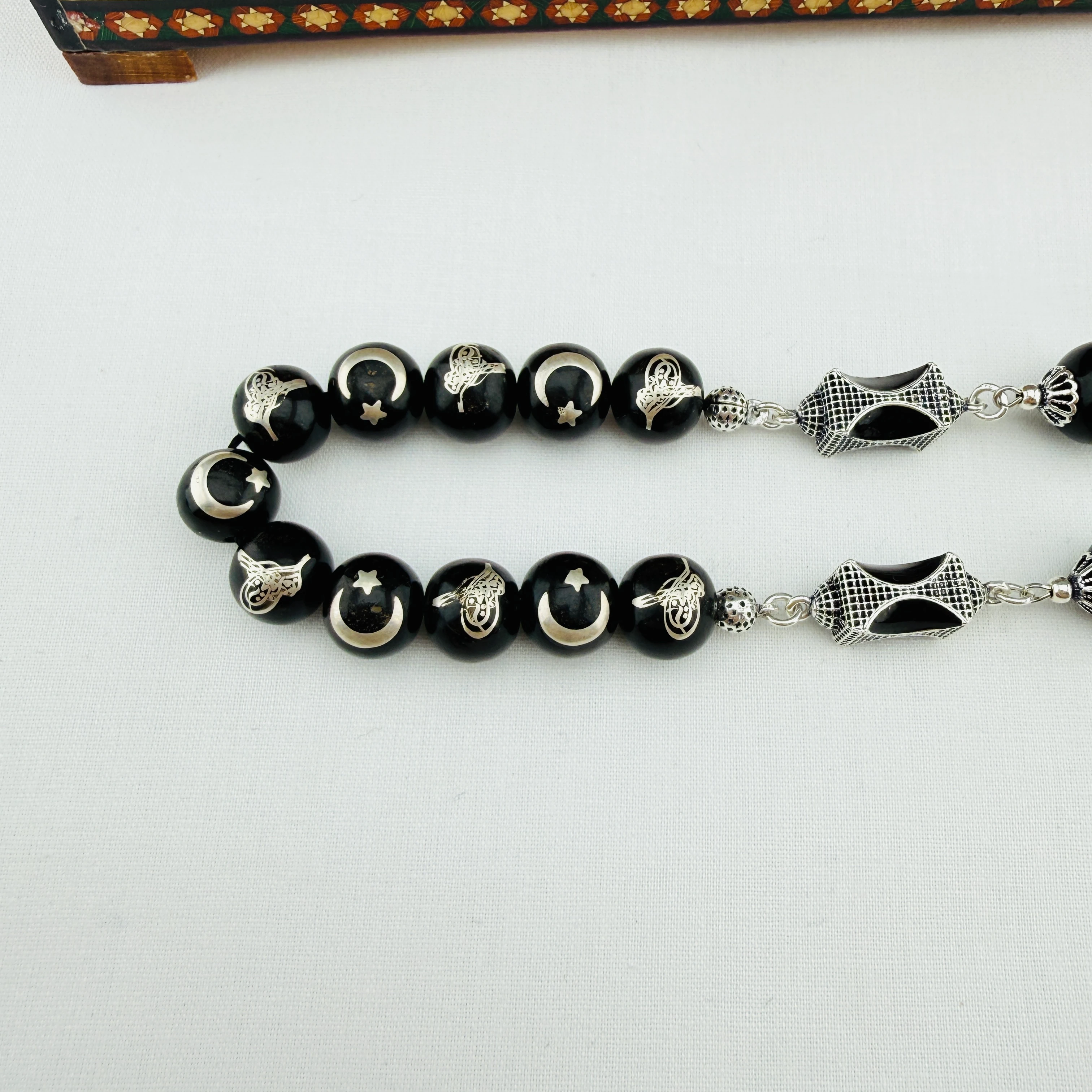 Has Erzurum Oltu Taşı Zaza Tespih | Gümüş Telkâri İşlemeli Ay Yıldız ve Osmanlı Tuğralı Özel Tasarım