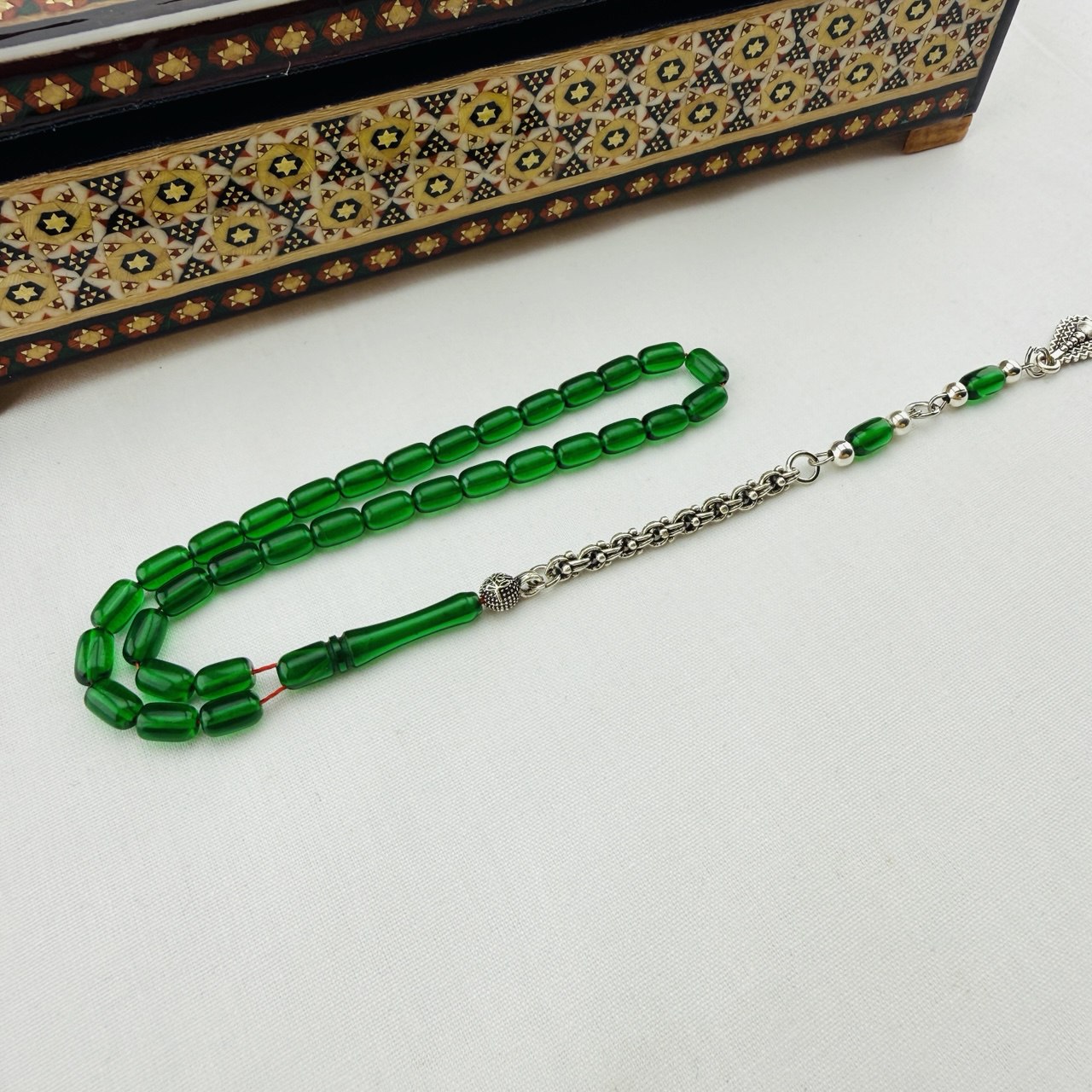 Usta İşi Bilek Boy Yeşil Ateş Kehribar Tespih | Özel Gümüş Kaplama Püsküllü