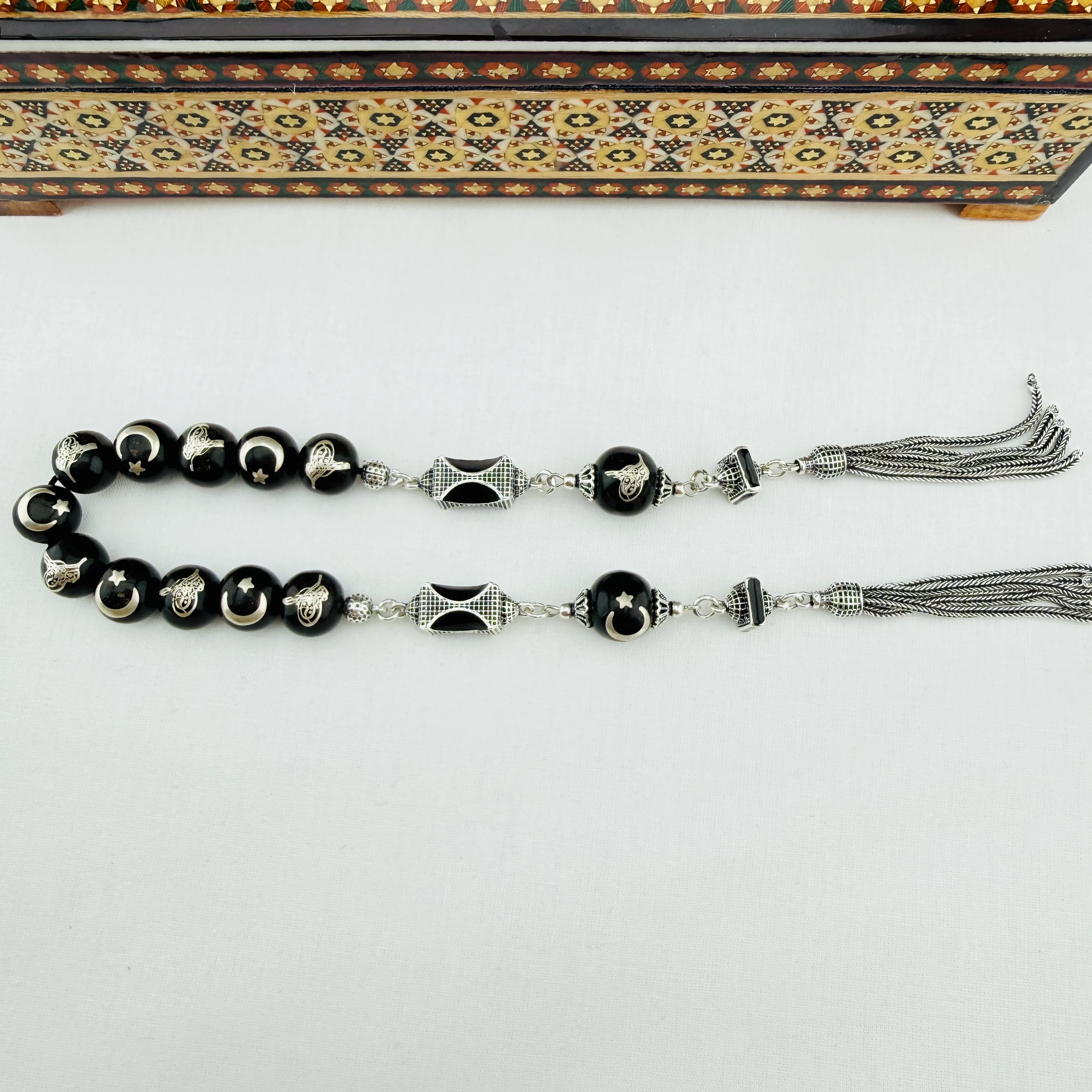 Has Erzurum Oltu Taşı Zaza Tespih | Gümüş Telkâri İşlemeli Ay Yıldız ve Osmanlı Tuğralı Özel Tasarım