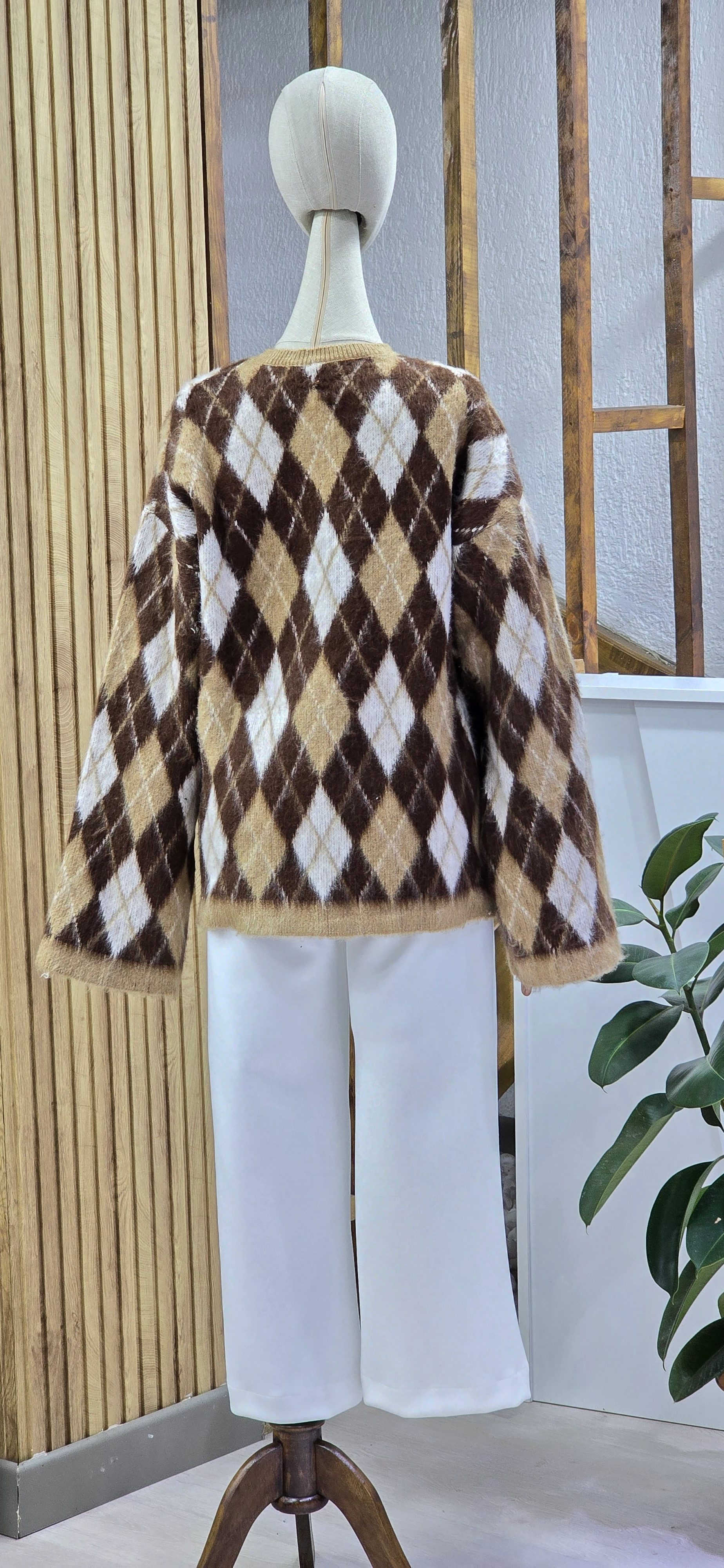 Baklava Desenli Geniş Kol Kazak