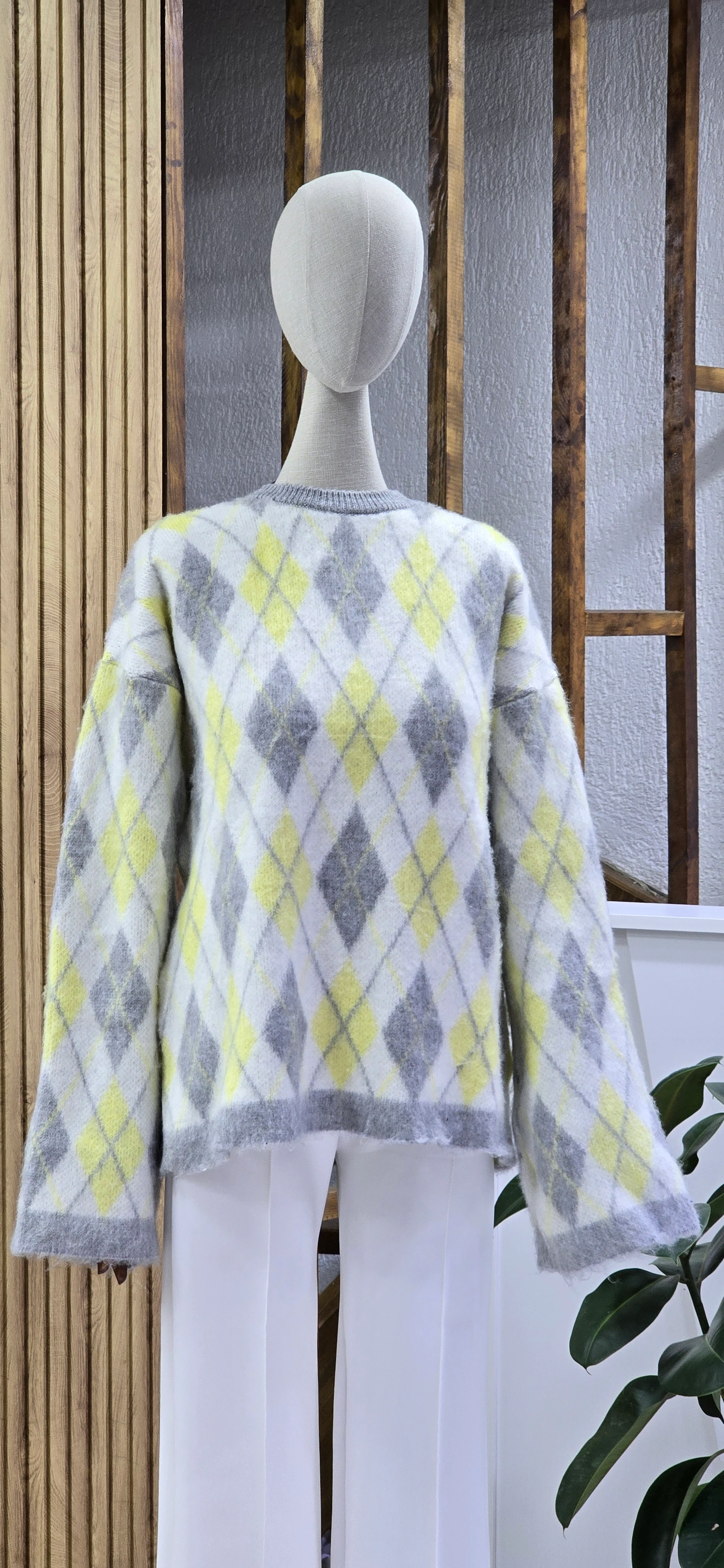 Baklava Desenli Geniş Kol Kazak - SARI