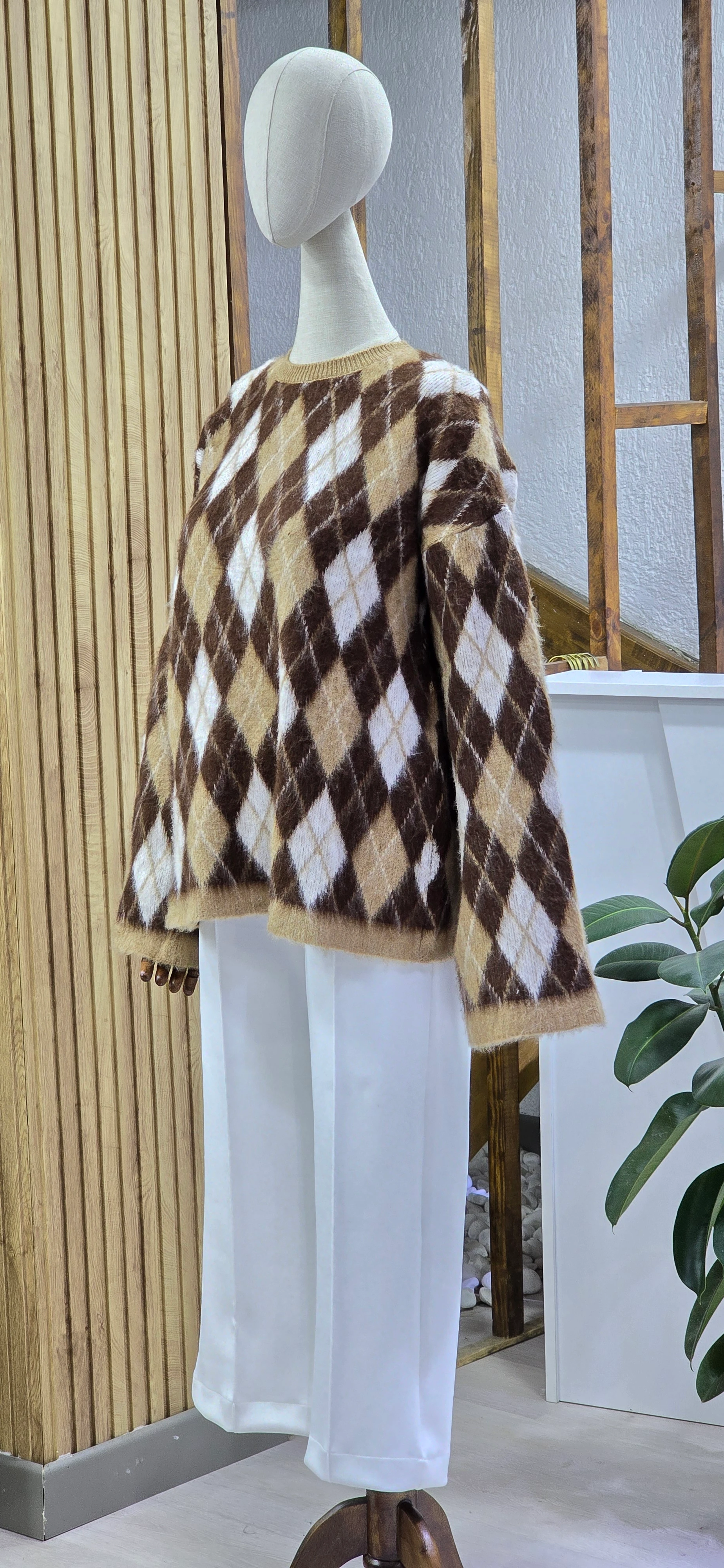 Baklava Desenli Geniş Kol Kazak