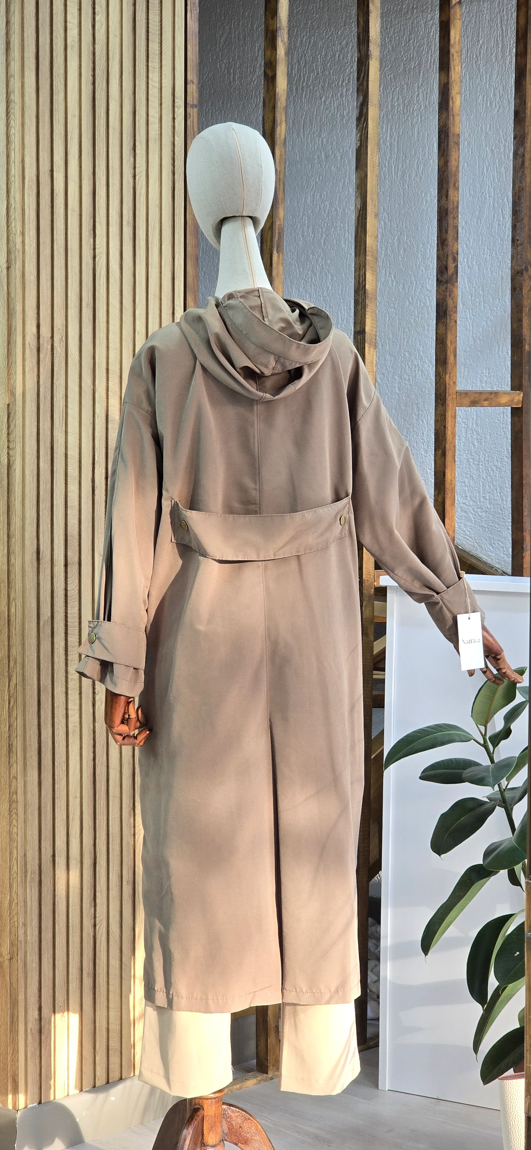 Vizon Renk Kapüşonlu Oversize Trençkot