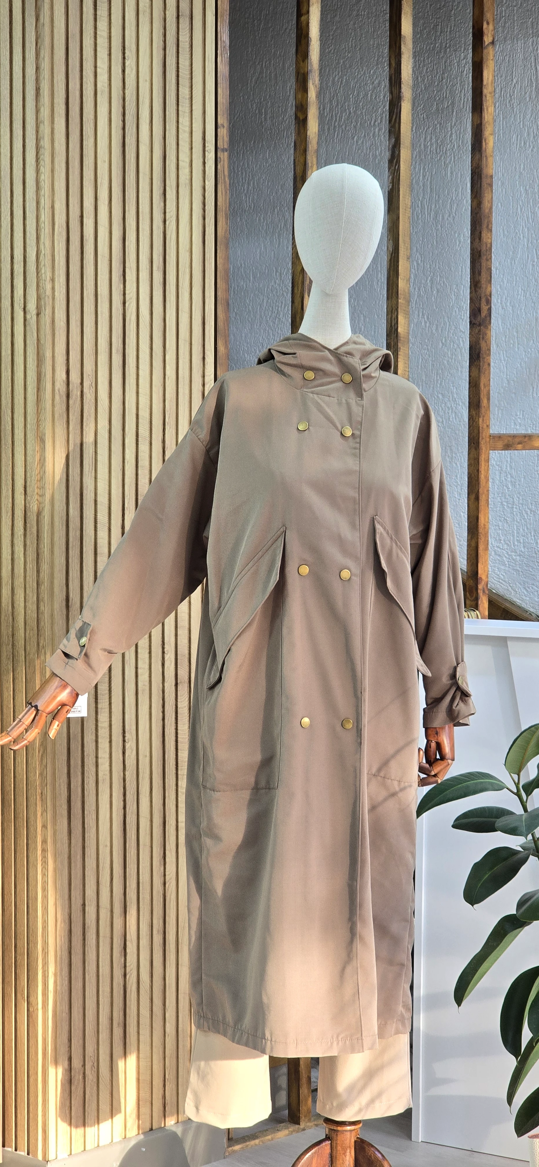 Vizon Renk Kapüşonlu Oversize Trençkot