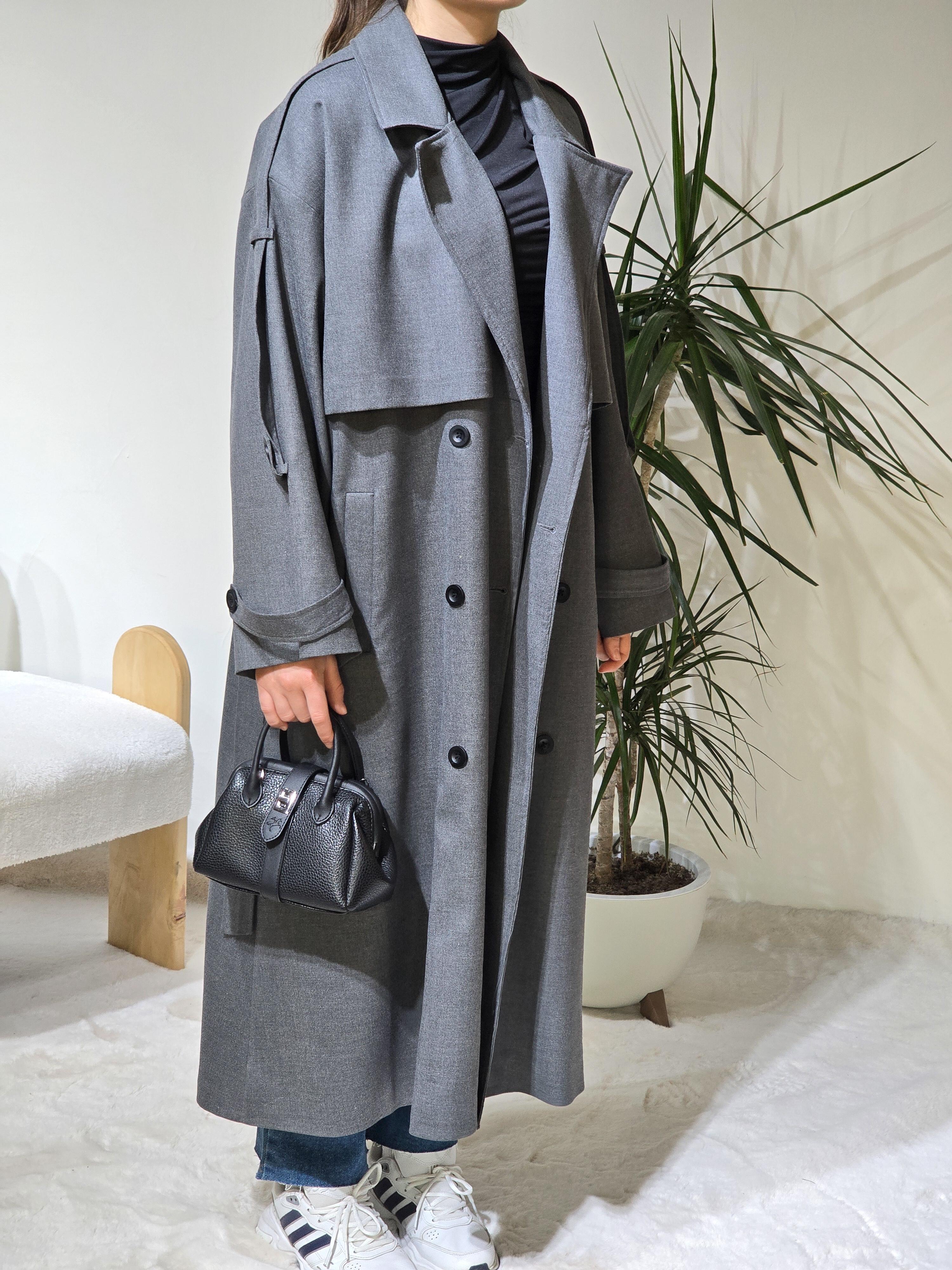 Antrasit Kruvaze Oversize Kadın Trençkot Standart