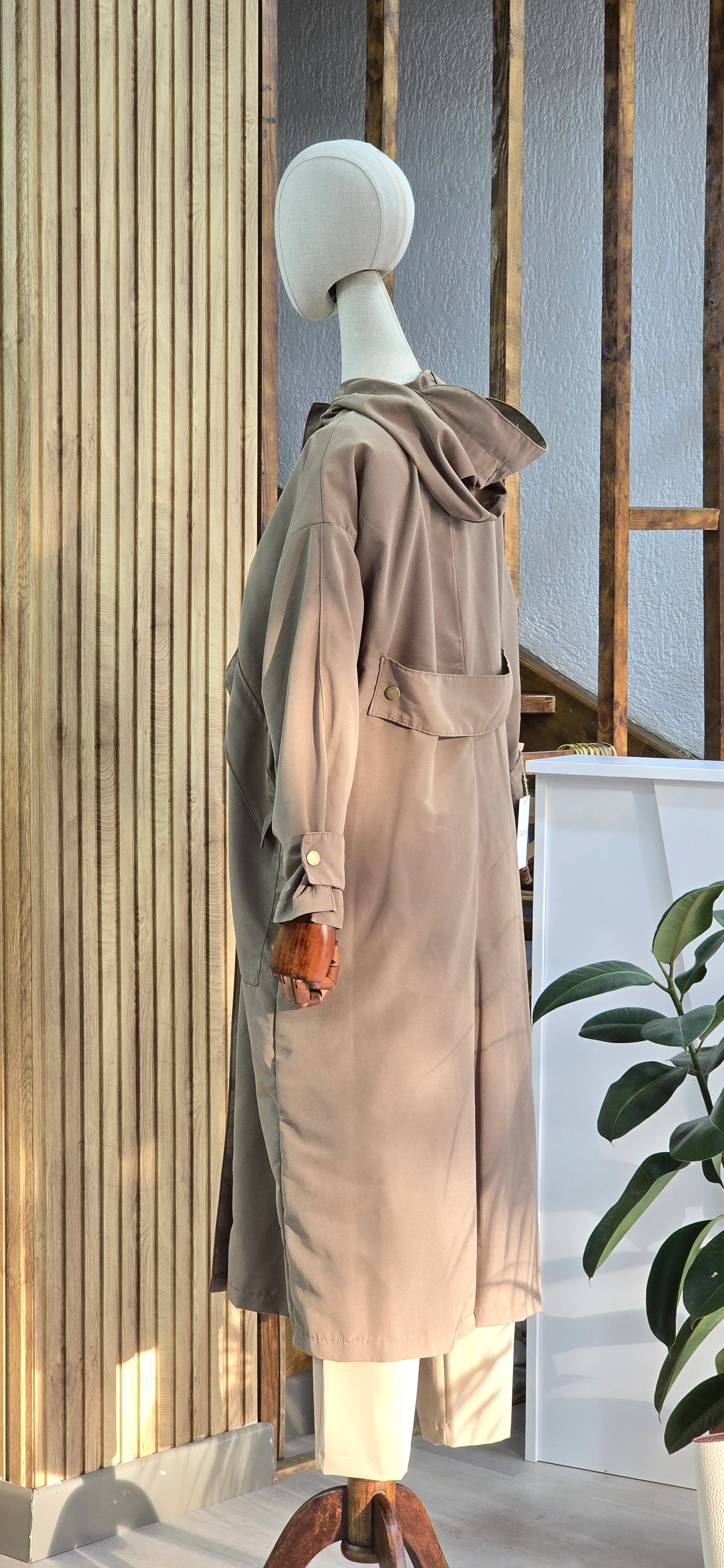 Vizon Renk Kapüşonlu Oversize Trençkot