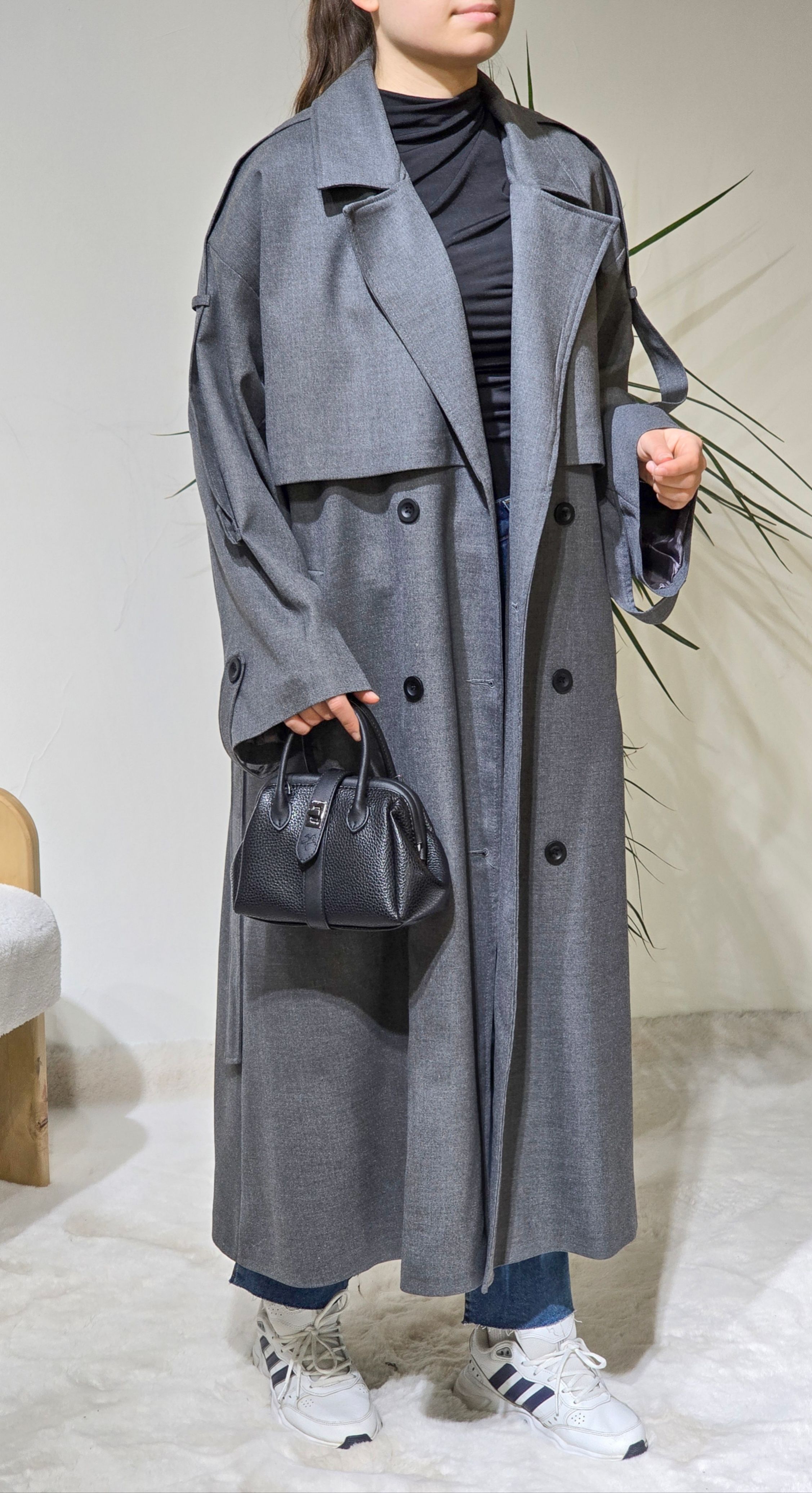 Antrasit Kruvaze Oversize Kadın Trençkot Standart