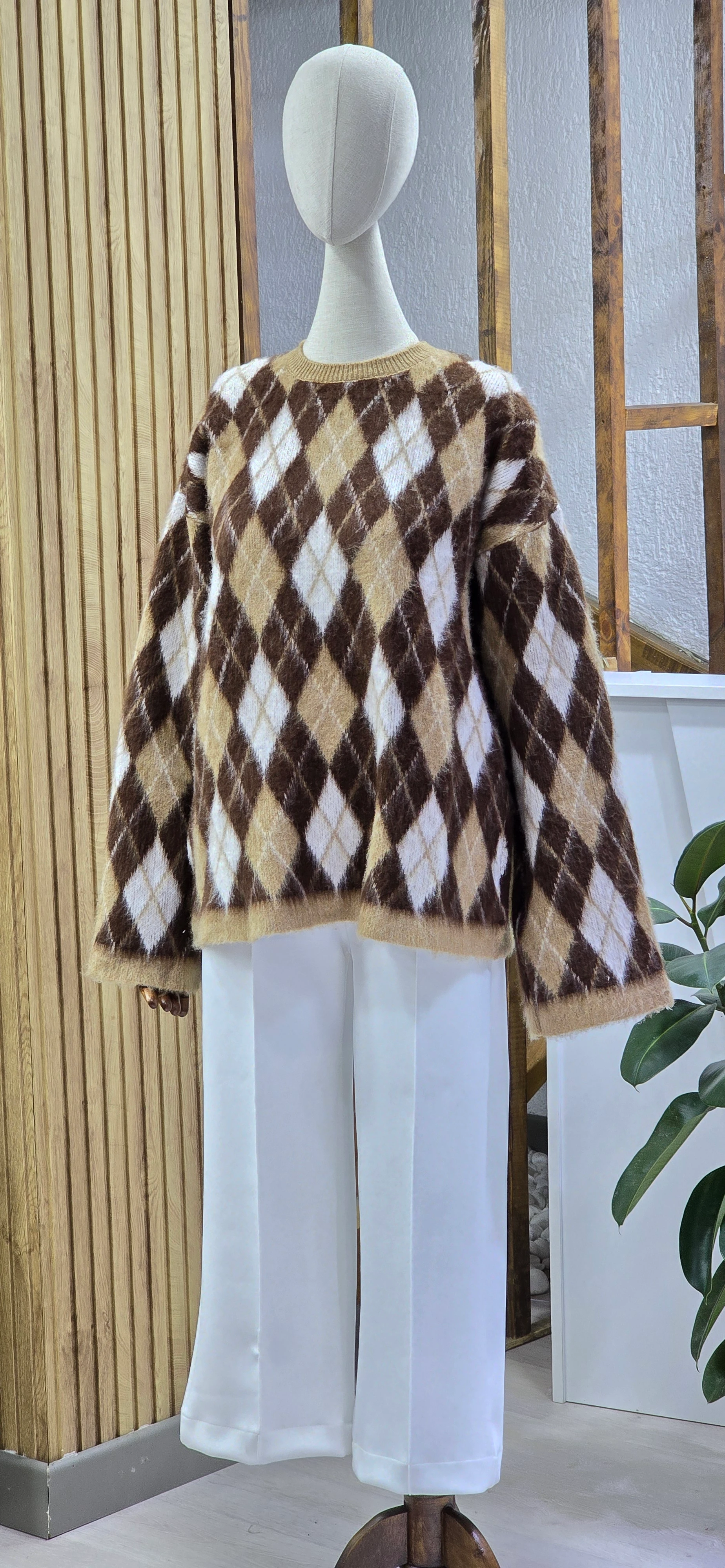 Baklava Desenli Geniş Kol Kazak - KAHVE