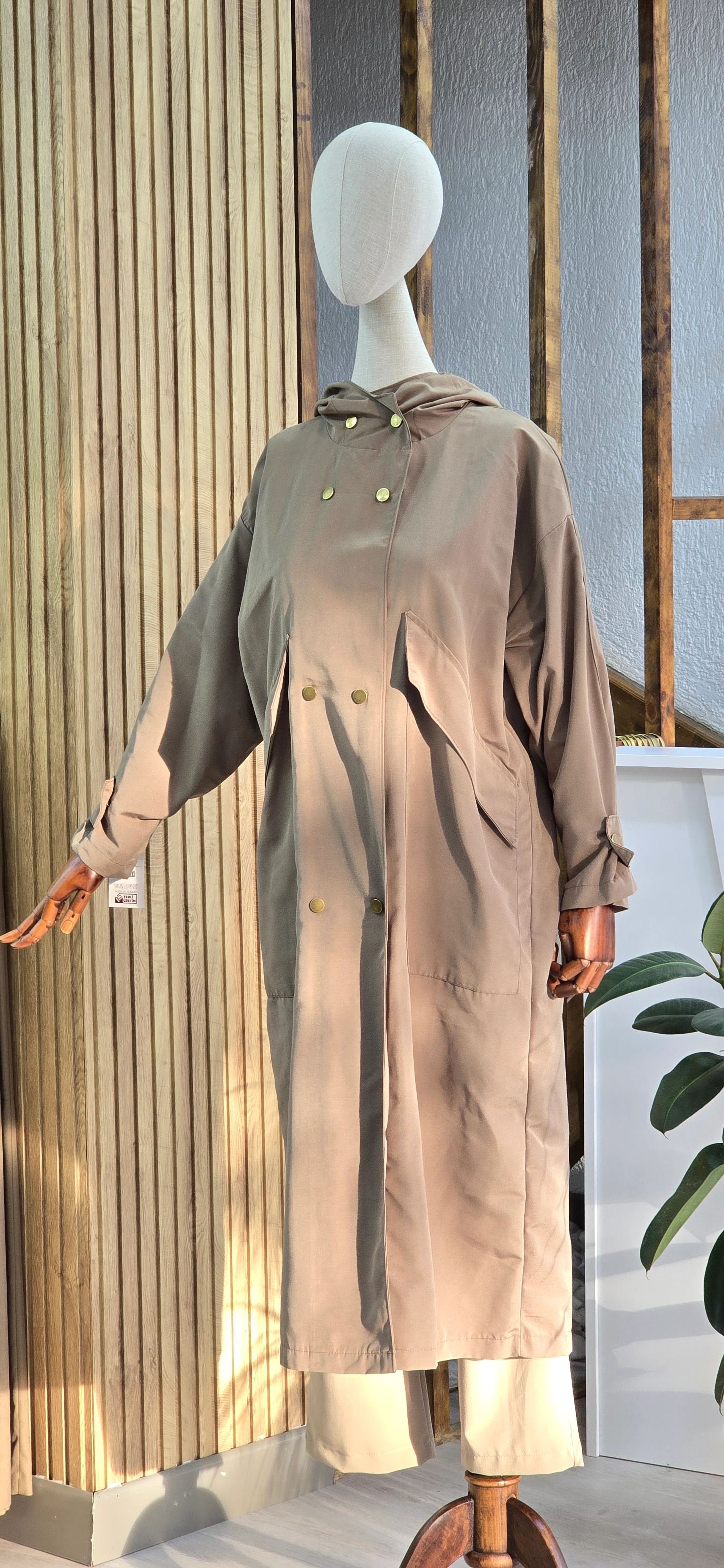 Vizon Renk Kapüşonlu Oversize Trençkot