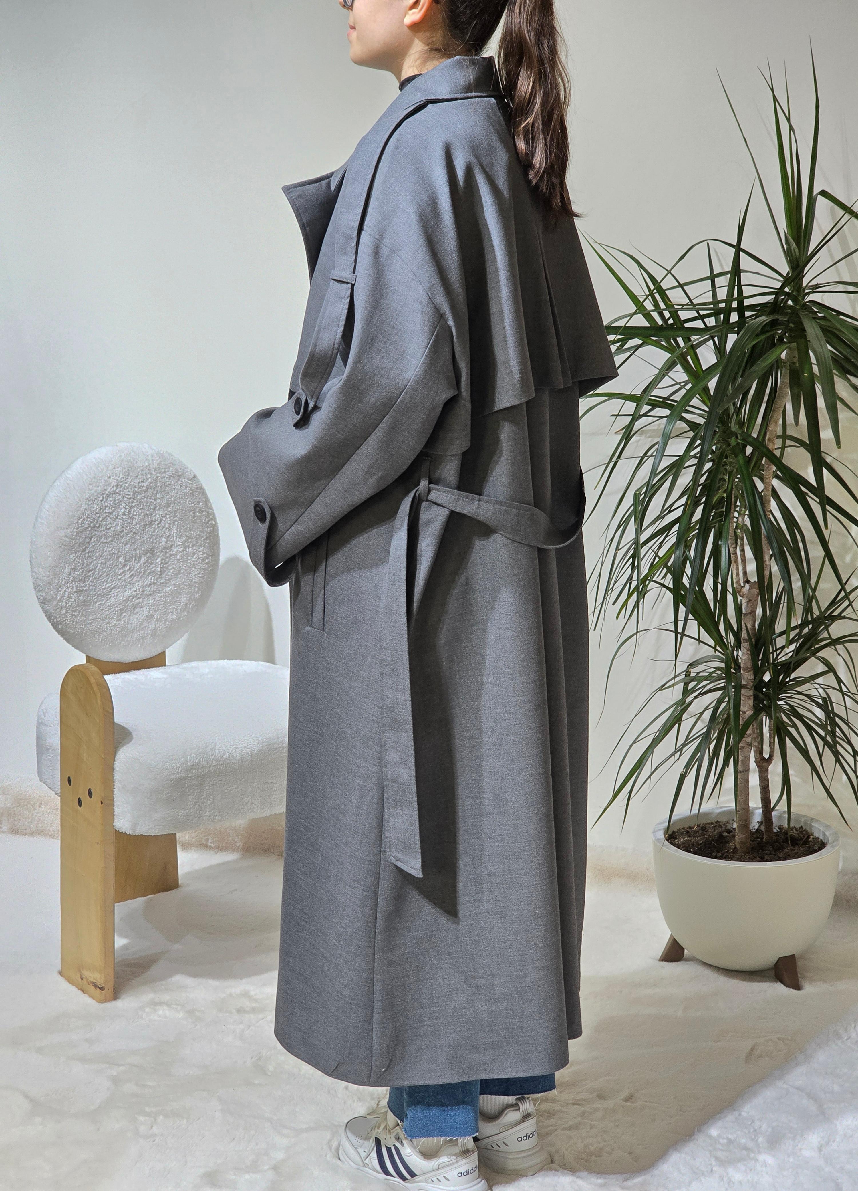 Antrasit Kruvaze Oversize Kadın Trençkot Standart