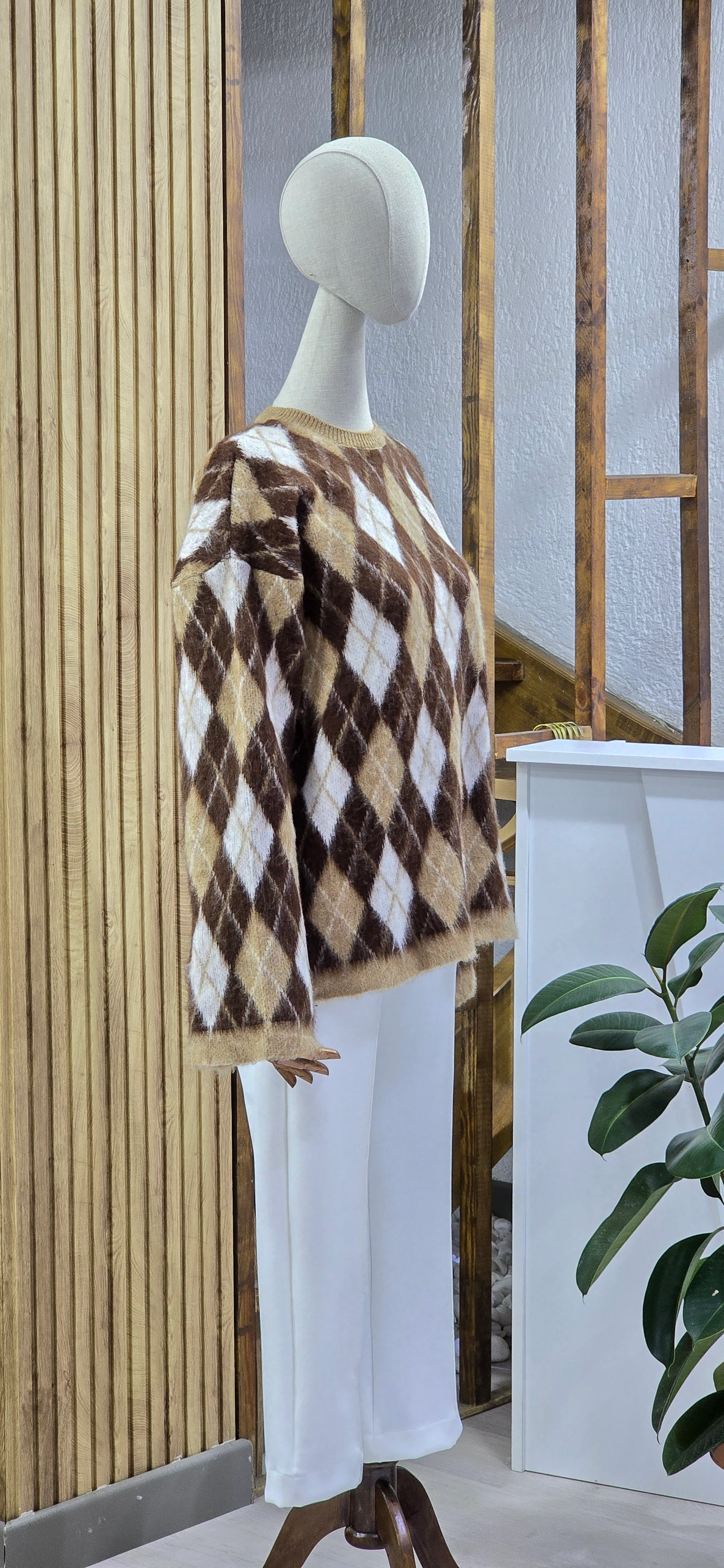 Baklava Desenli Geniş Kol Kazak