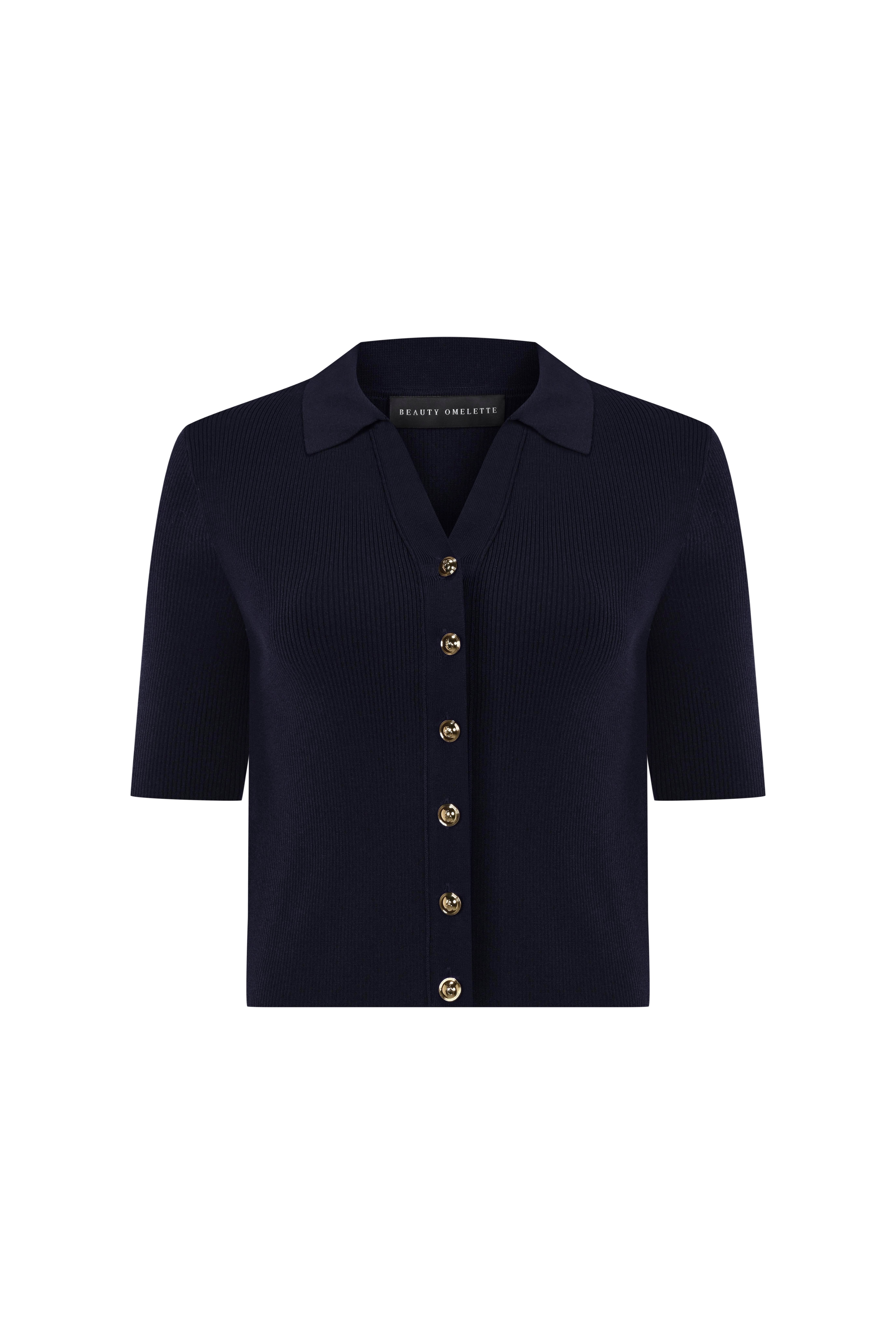 Short Sleeve Buttoned Shirt Knitwear  - Navy