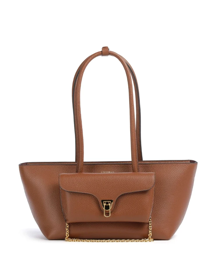 Double Beat Brown Leather Shoulder Bag E1T8A110301