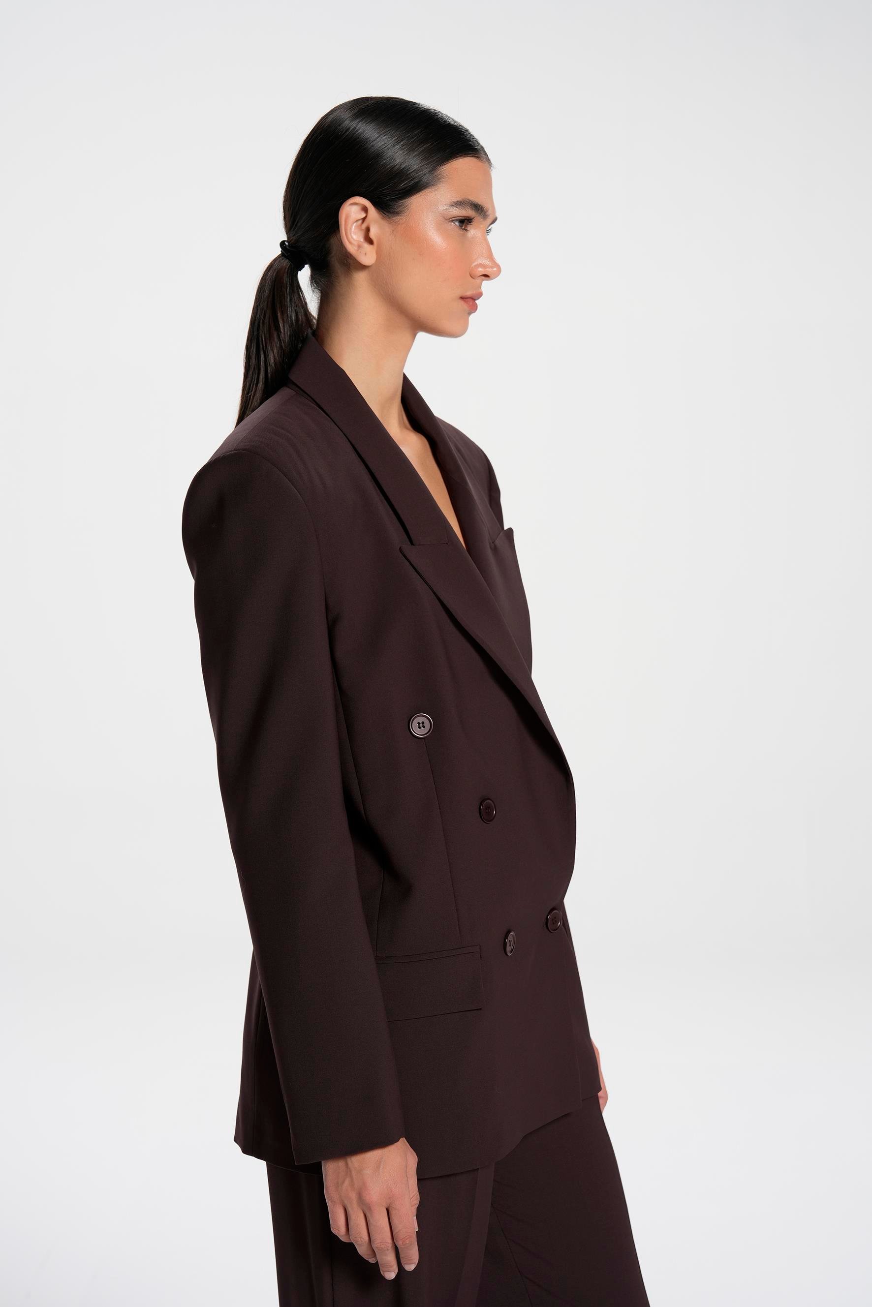 Brown Square Shouldered Double Breasted Wool Blend Blazer