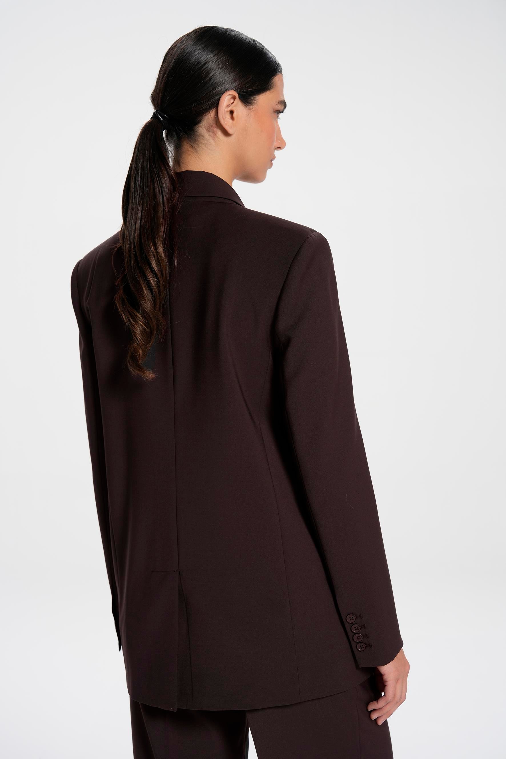 Brown Square Shouldered Double Breasted Wool Blend Blazer