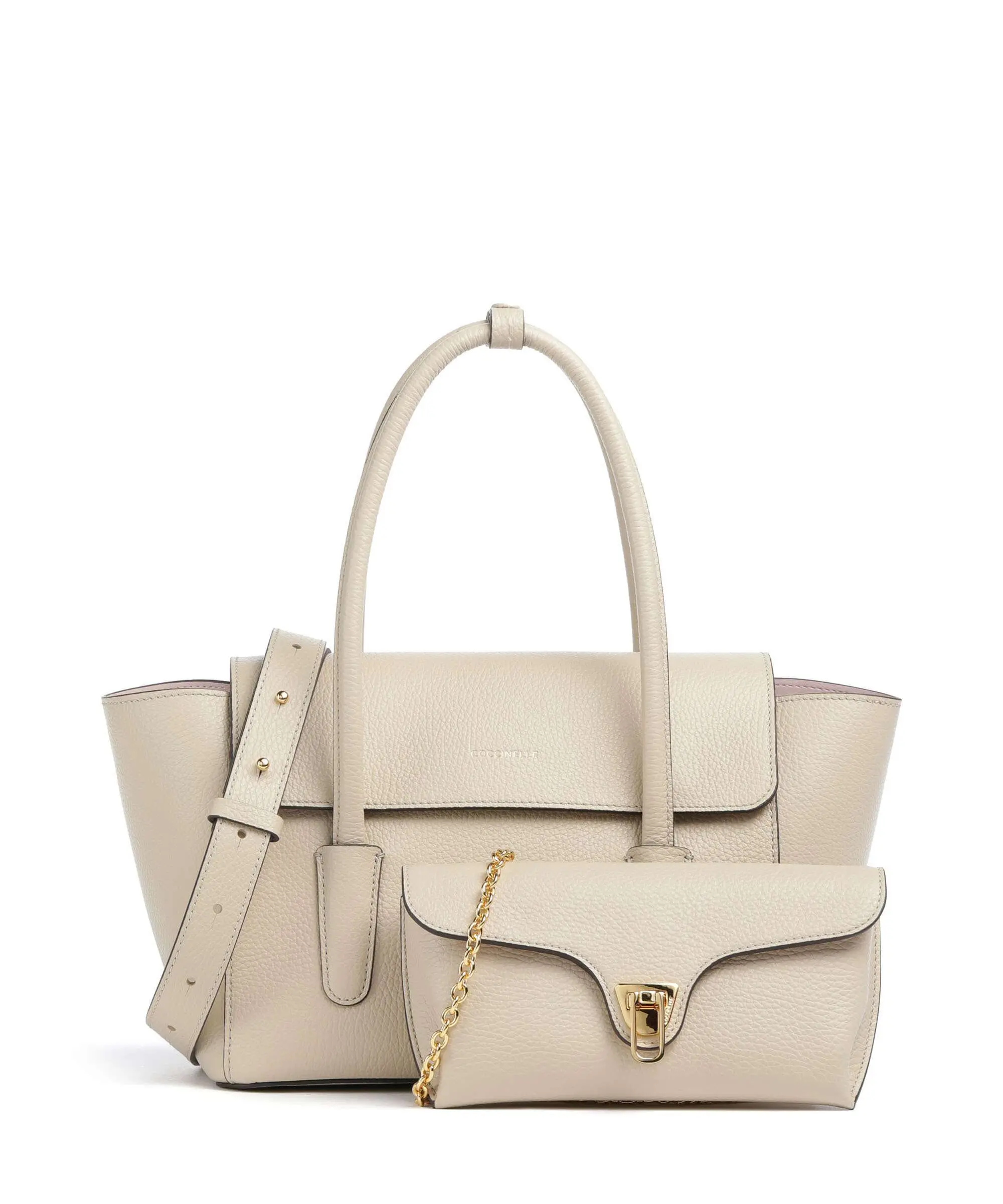 Double Beat Beige Leather Shoulder Bag E1T8A180201