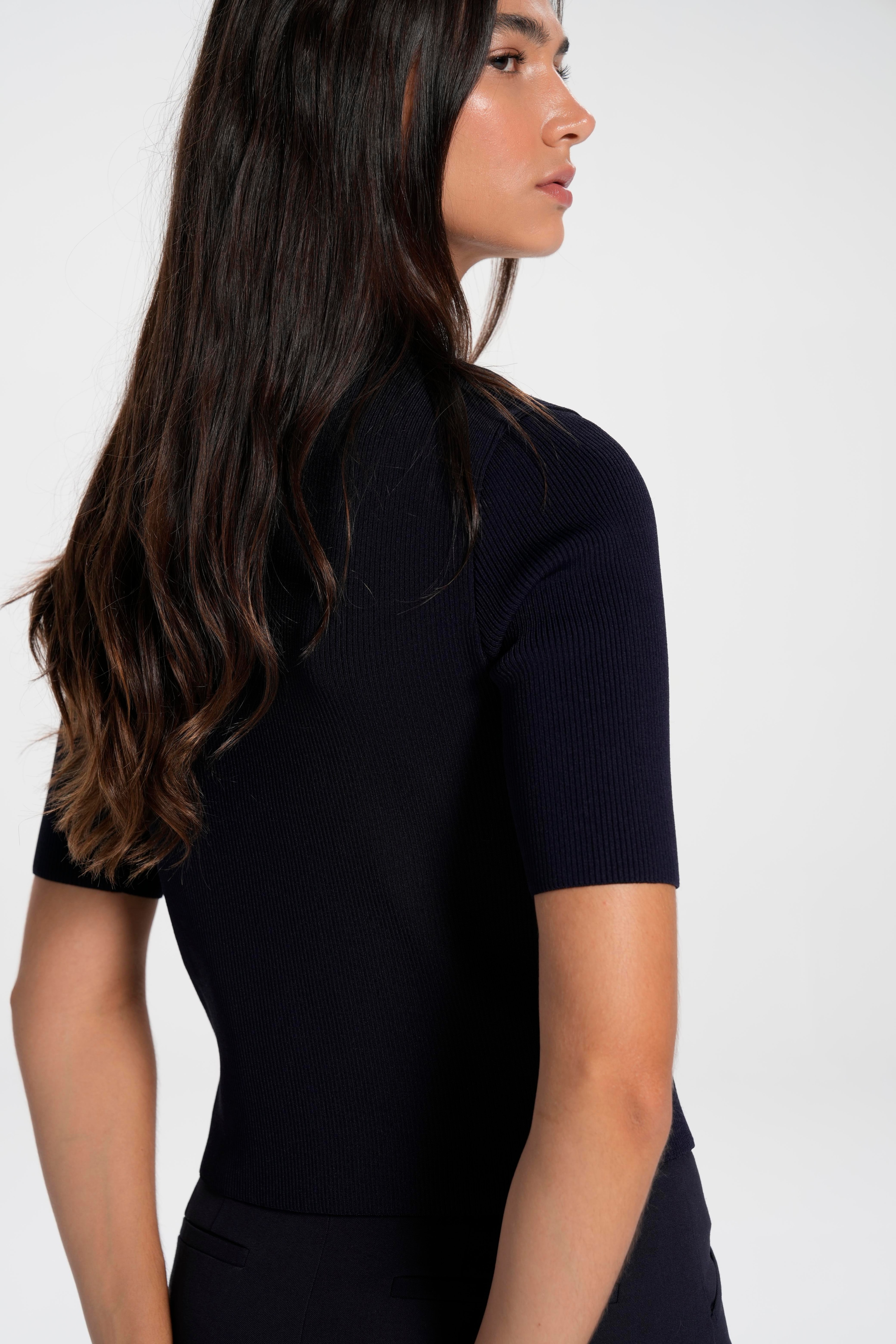 Short Sleeve Buttoned Shirt Knitwear  - Navy