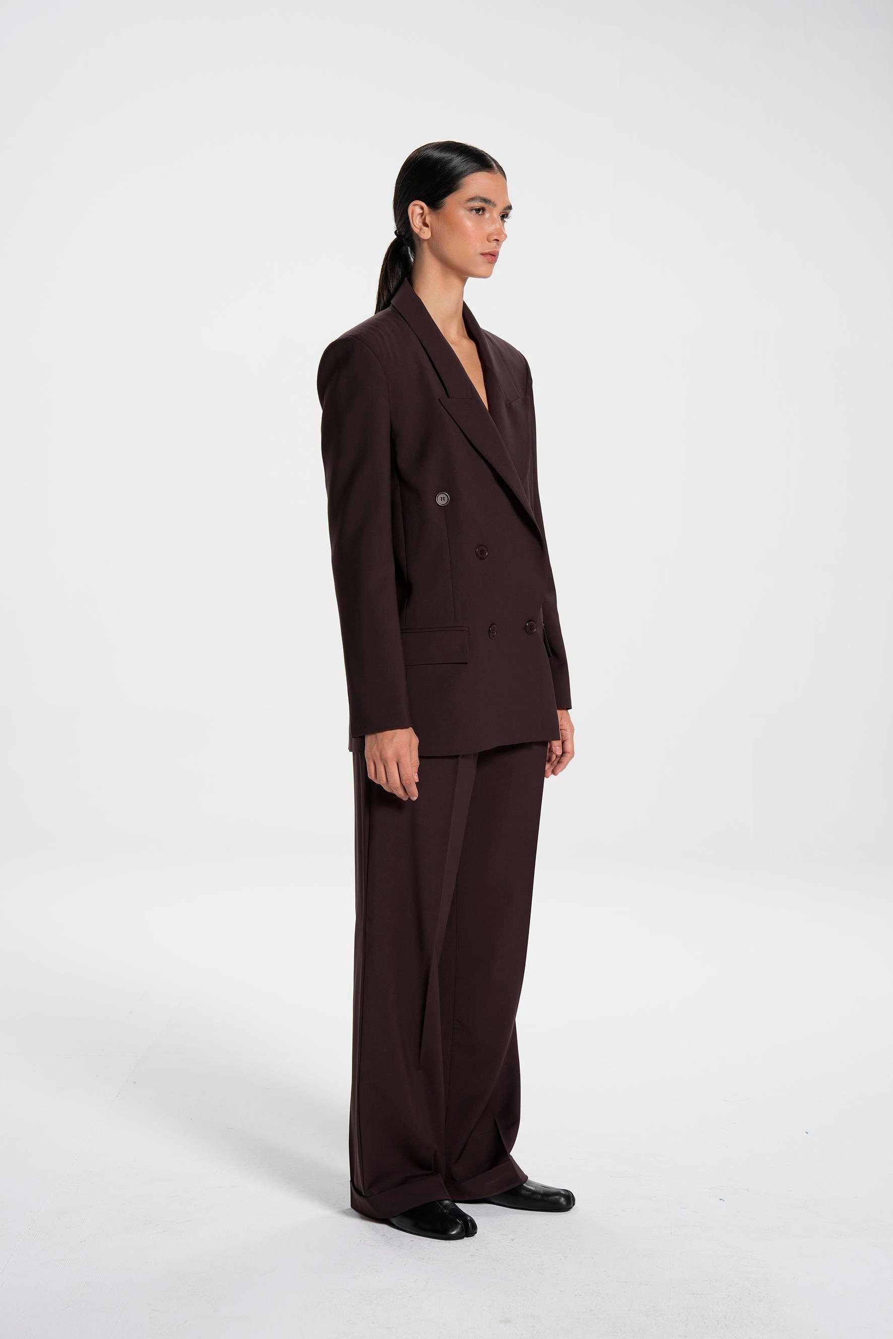 Brown Double Leg Wool Blend Loose Pant 