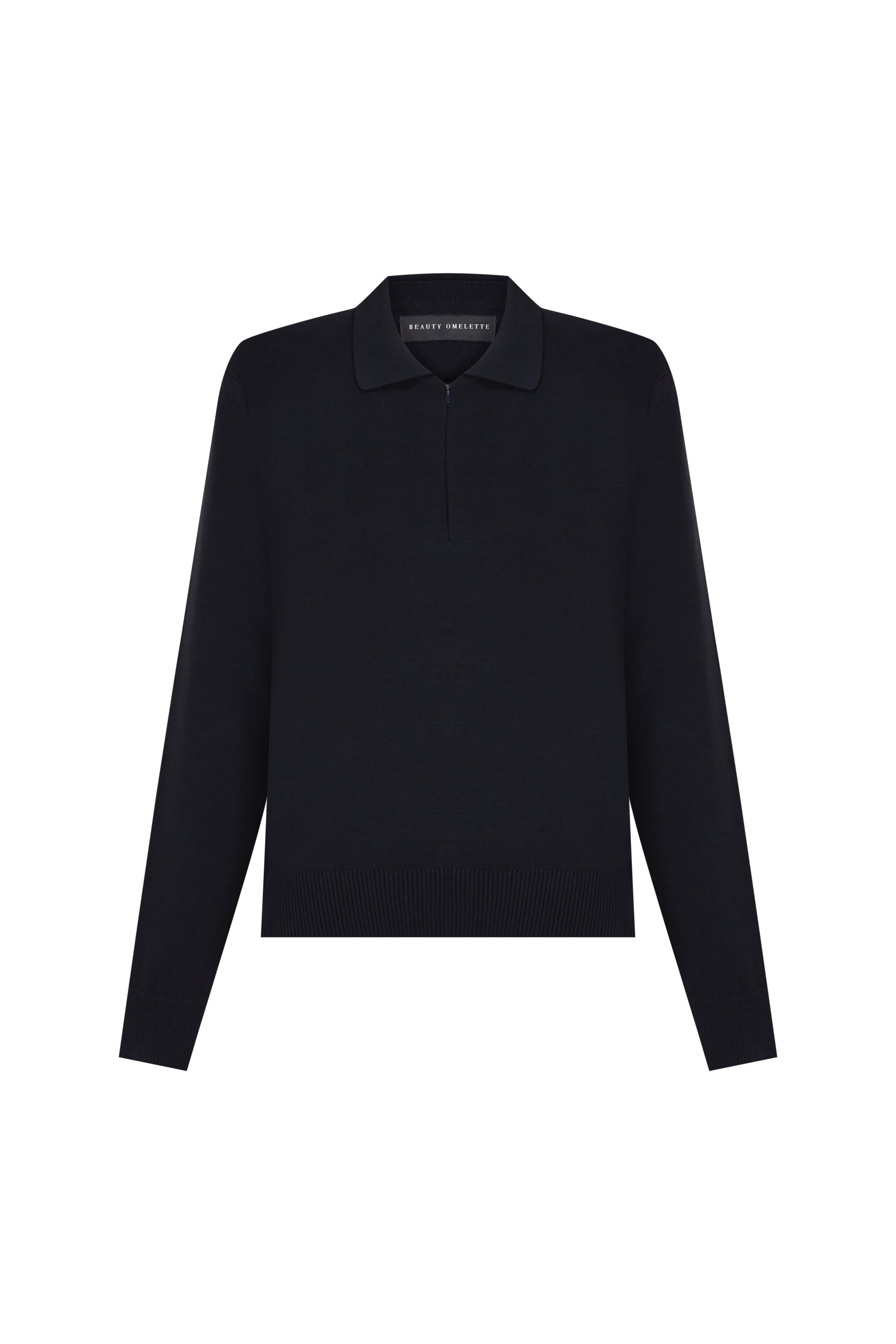 Zipped Cotton Polo Neck Jumper   - Navy