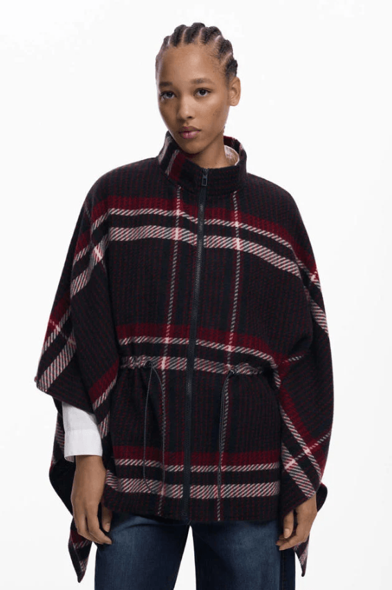 Aldama Dark Red Check Pancho