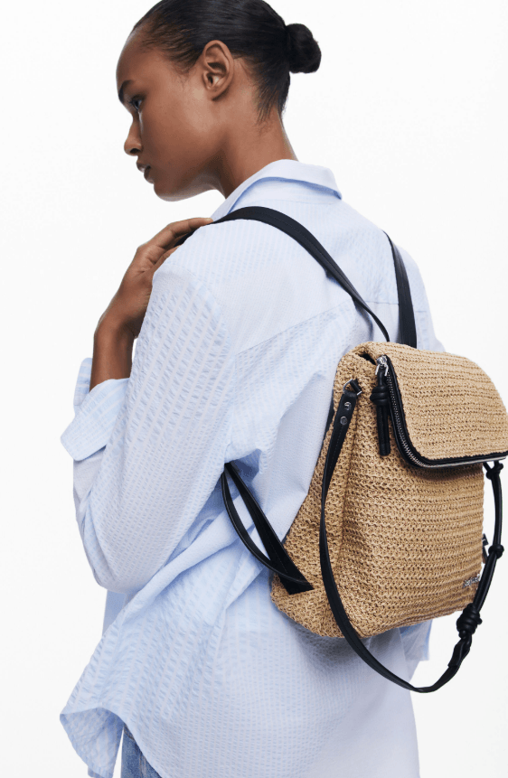 Half Logo Raffia Mini U Brown Backpack