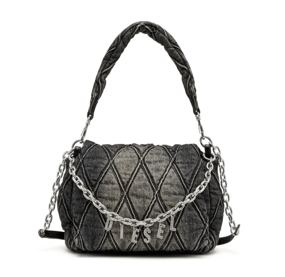Charm-D Quilted Denim Black Medium Shoulder Bag