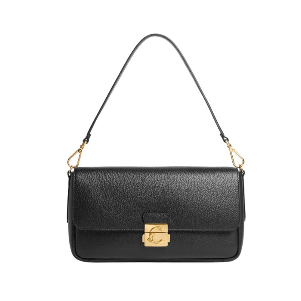 C-Me Lock Black Leather Shoulder Bag E1U4K120101