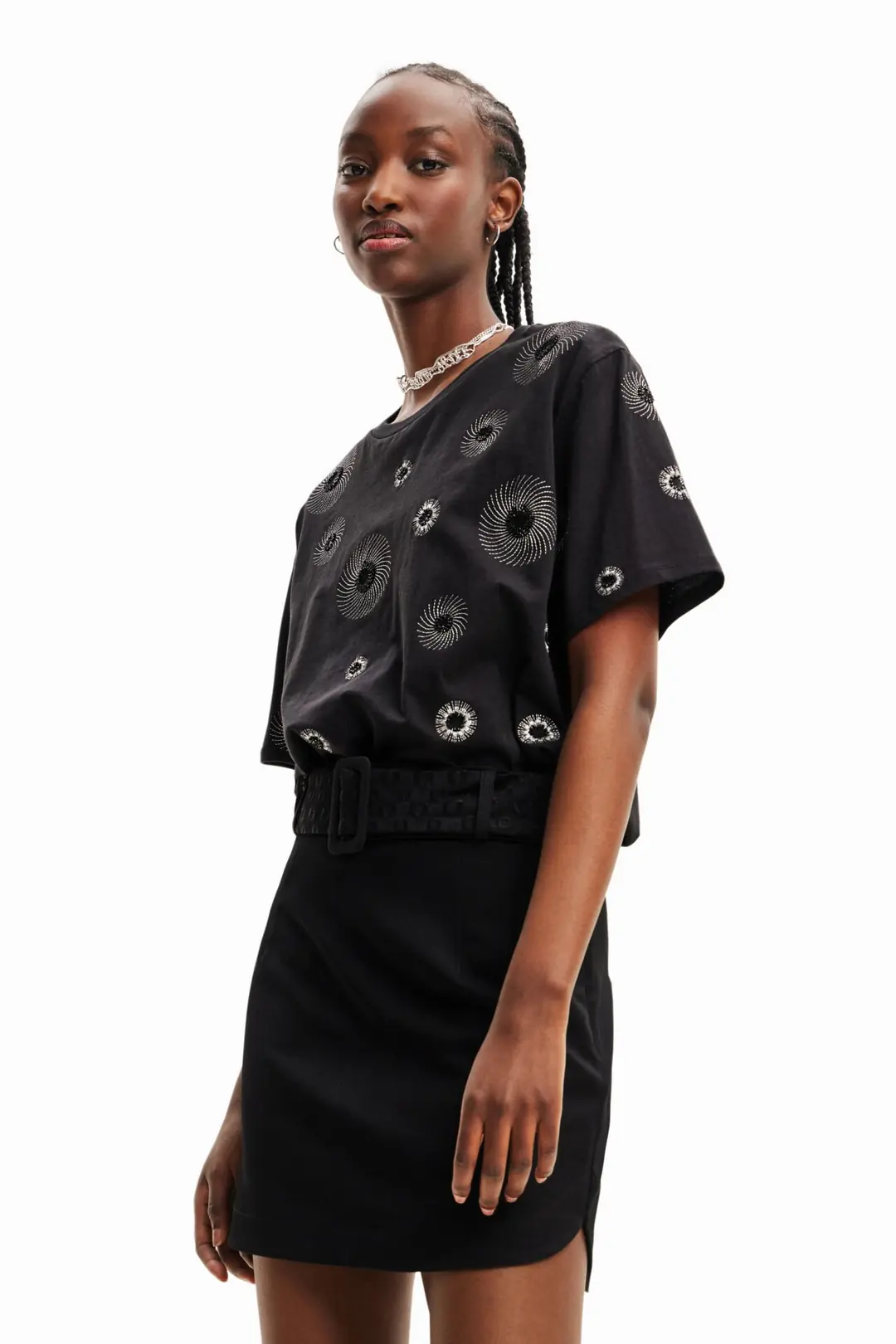 Tee-shirt Tunique Desigual Sonora Pour Femme - Motif Géométrique Coloré Sur Noir, Taille XS